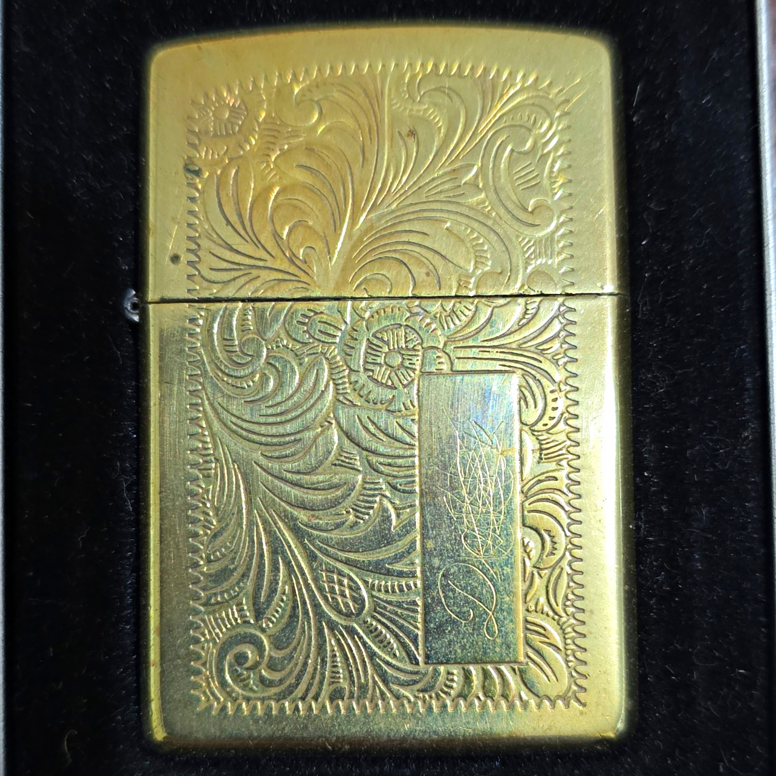Zippo Brushed Brass Floral Scroll Engraved Lighter w/ Zippo Tin Case