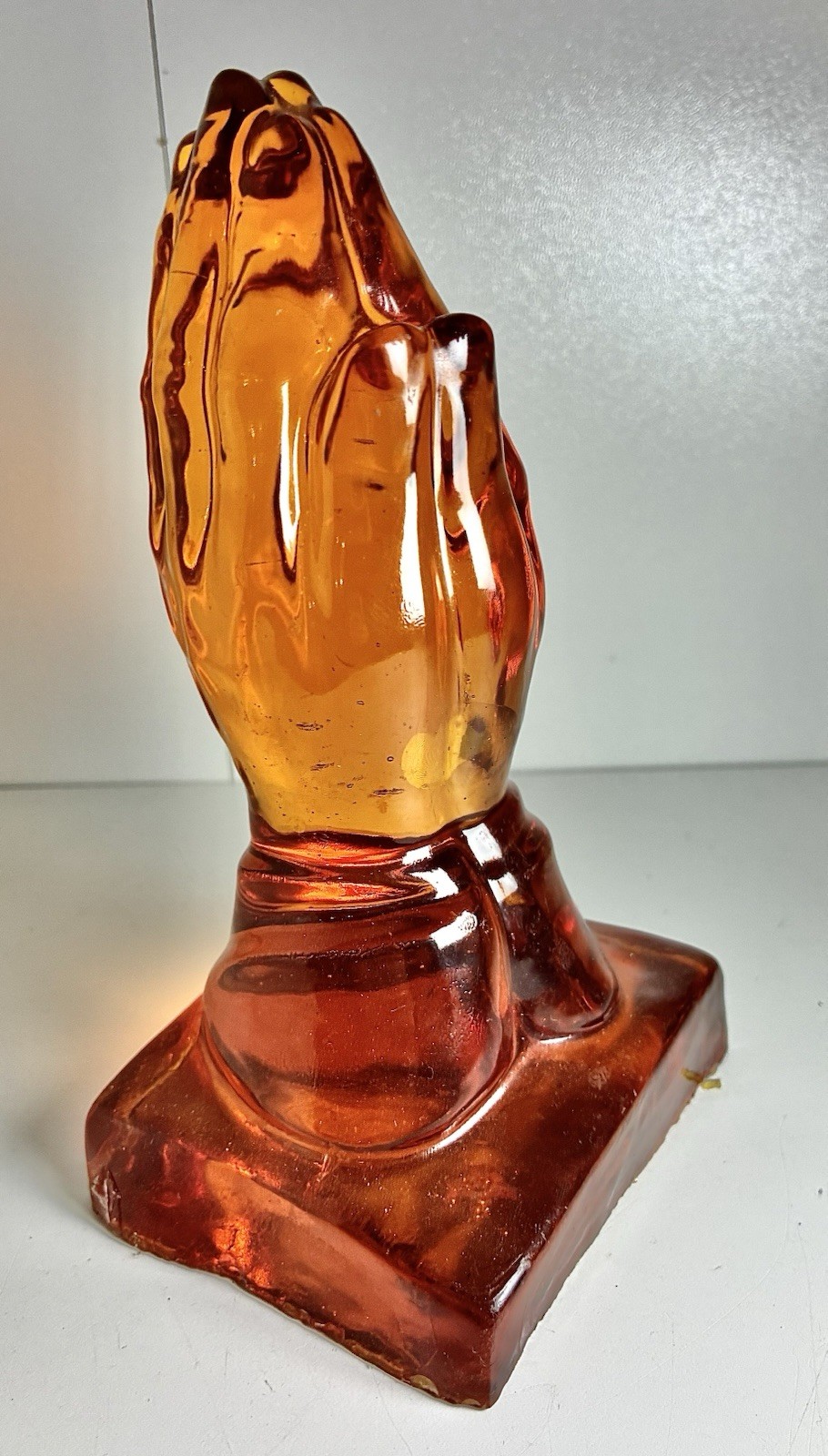 Vintage Praying Hands Amber Resin Paperweight Decor, 7”, Translucent