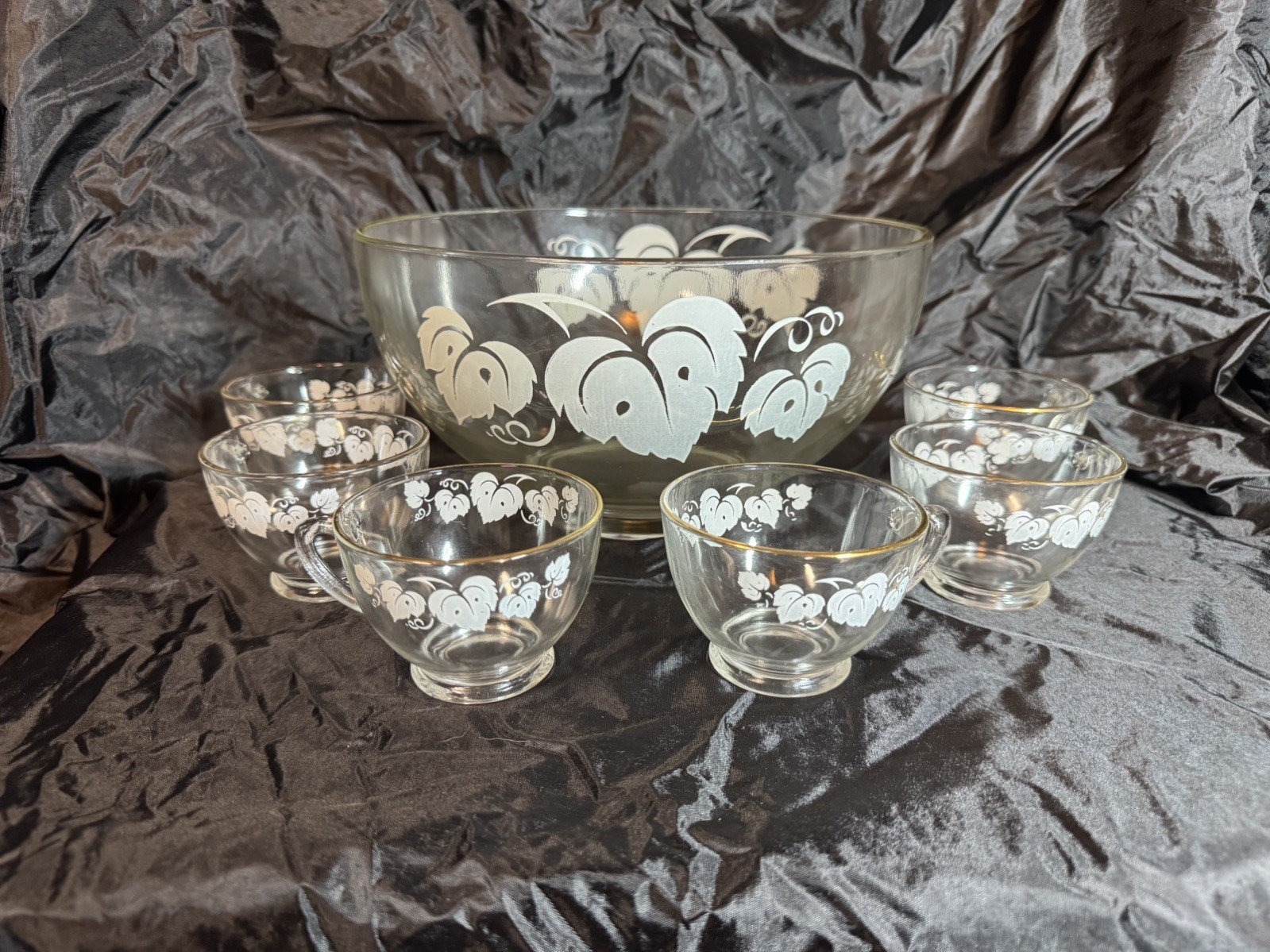 VTG Anchor Hocking 13 pc Punch Bowl Set White Grape Leaves Gold Trim + 12 Cups