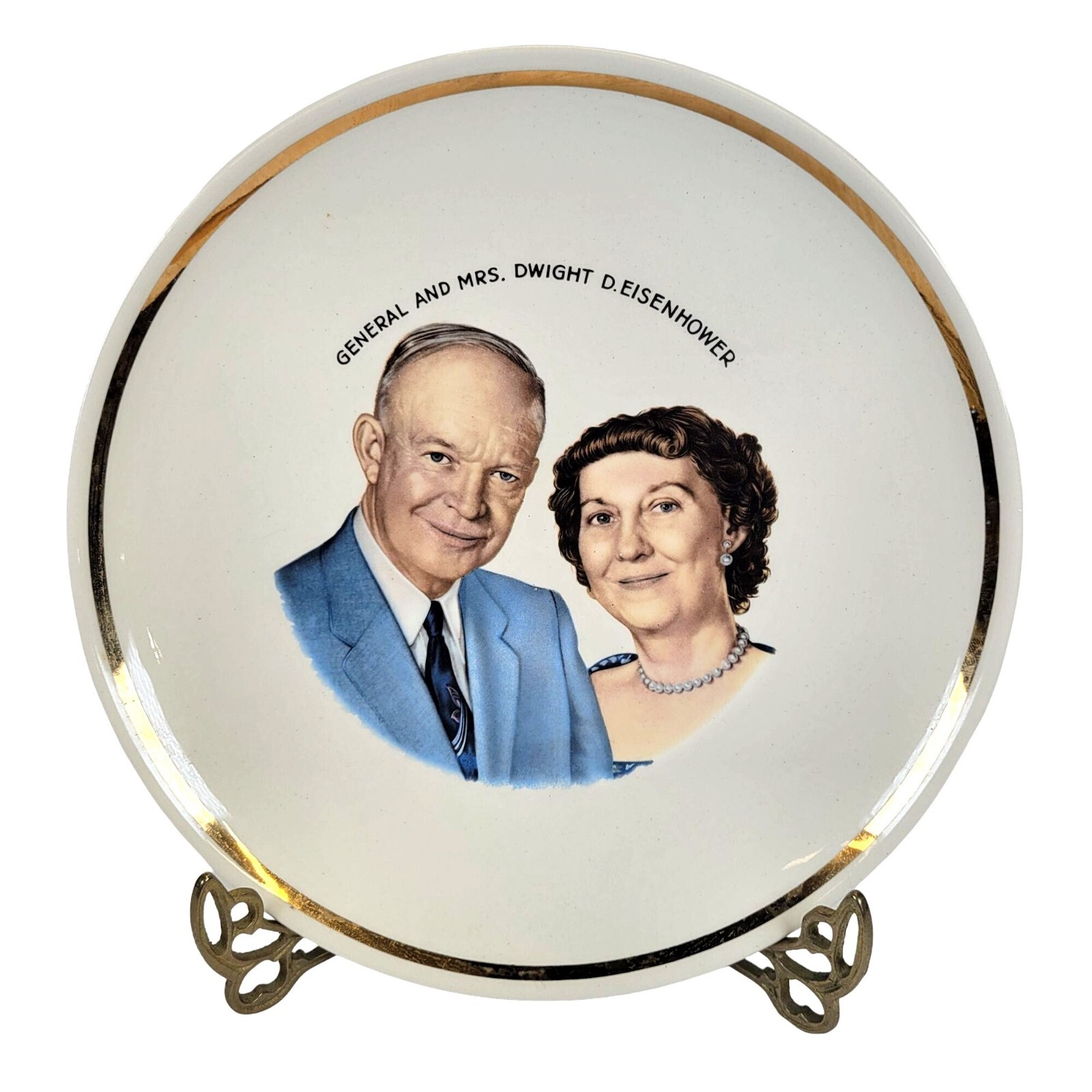 Vtg Plate General & Mrs. Dwight D. Eisenhower Presidential Portrait Gold Trim