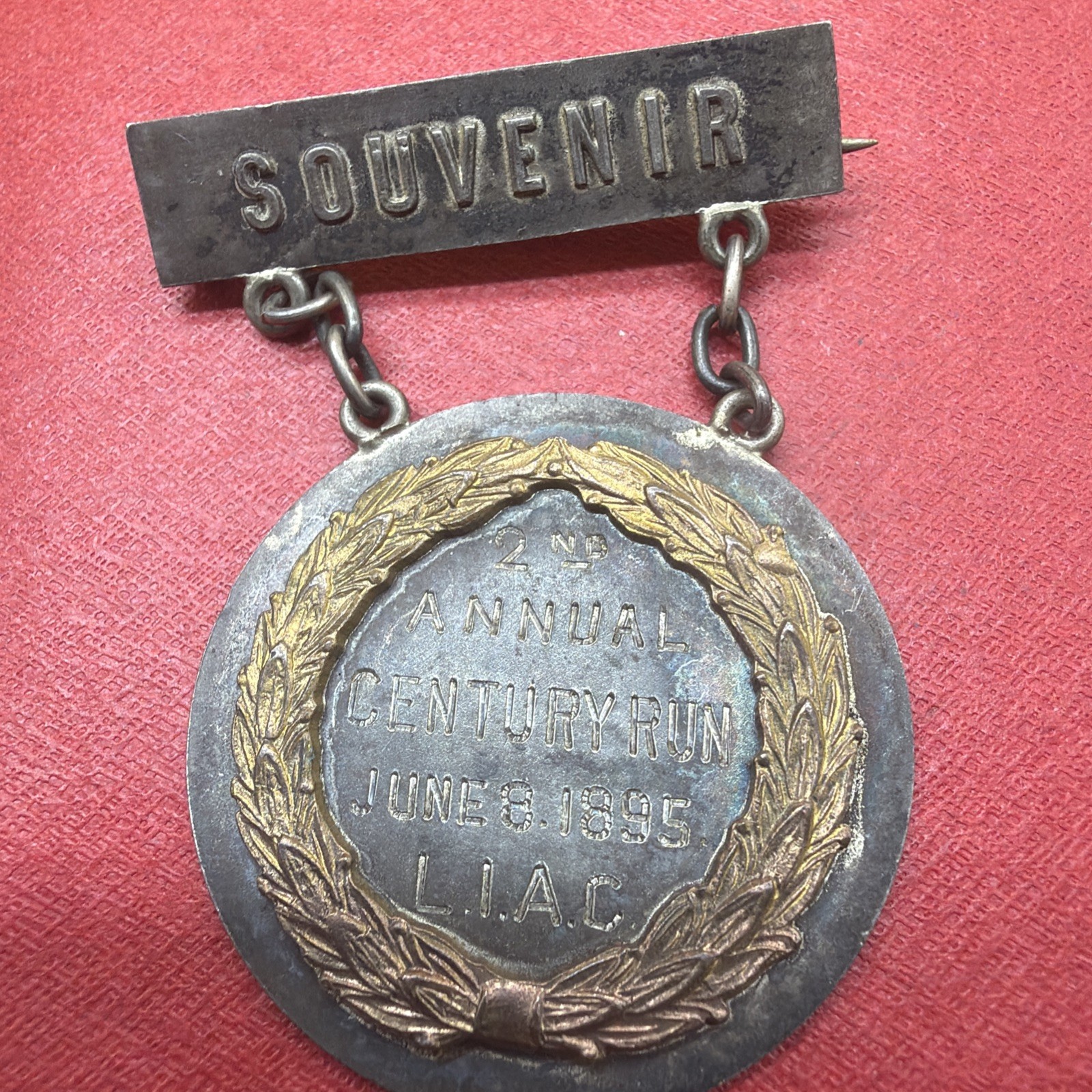 Antique 1895 Bicycle Century Run Medal Pin LIAC Cycling Souvenir Trophy