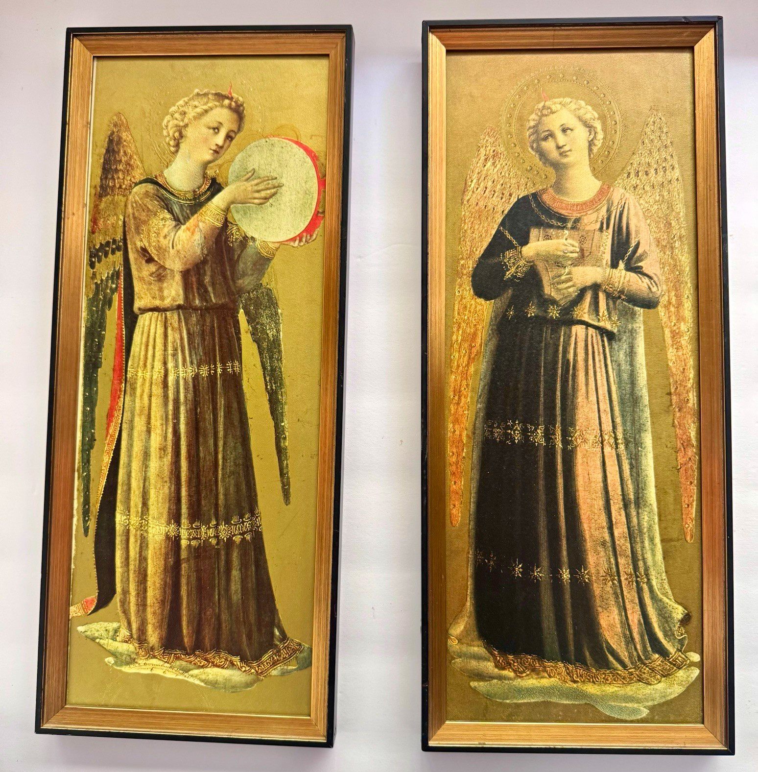 Pair Vintage Fra Angelico Musician Angels Gold Foil Embossed Prints Framed MCM Pair Vintage Fra Angelico Musician Angels Gold Foil Embossed Prints Framed MCM