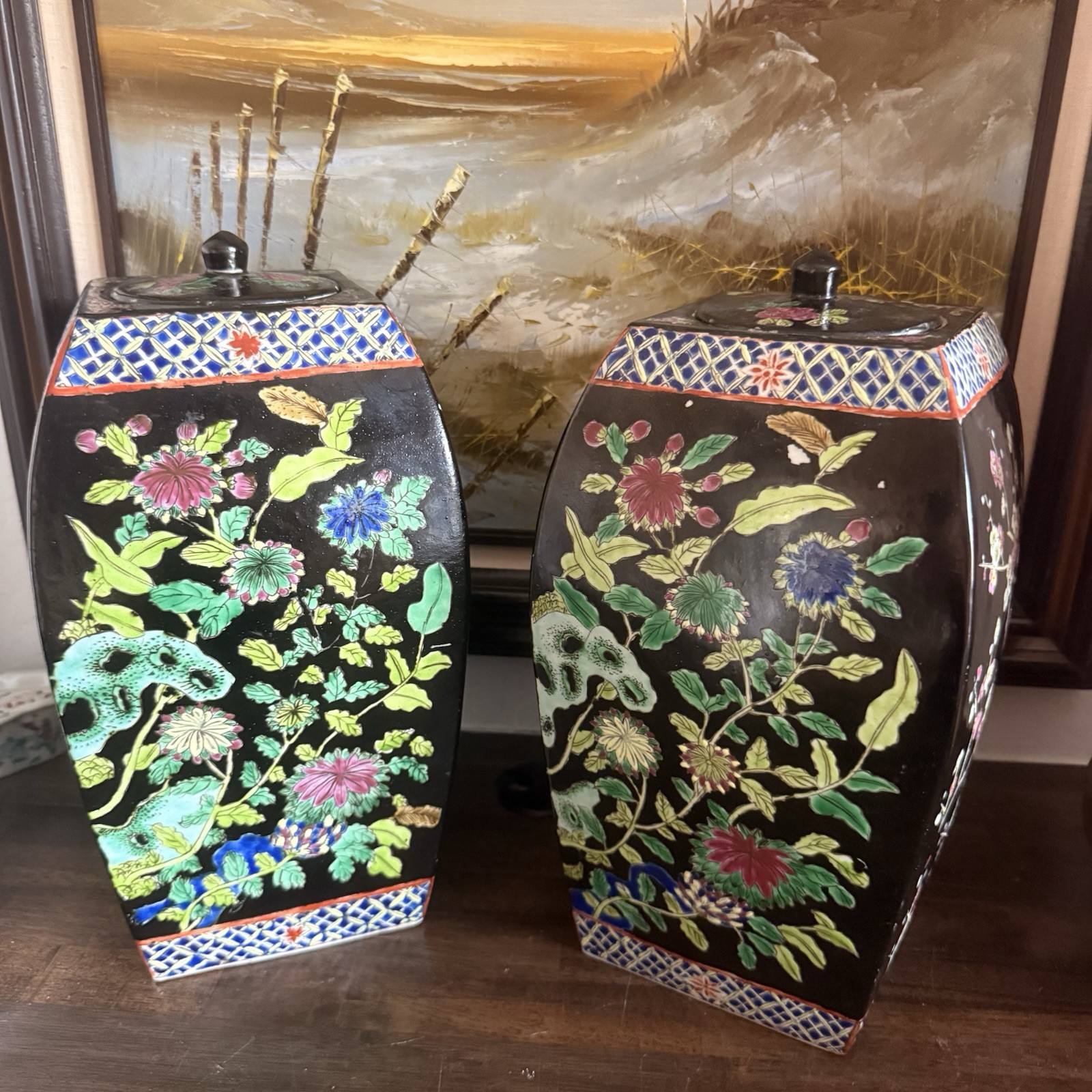 Pair of Vintage Famille Noire Ginger Jars with Lids | Chinoiserie Temple Jars