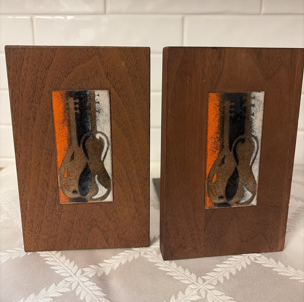Vintage ROBERT WUERSCH Wooden Enamel instruments on Copper Bookends Mid Century