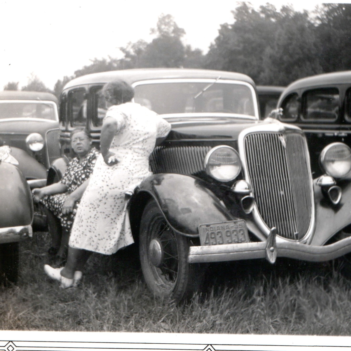 c1935 Indiana 1934 Ford Coupe Car Field Gathering Snapshot Photo Suspenders Vtg