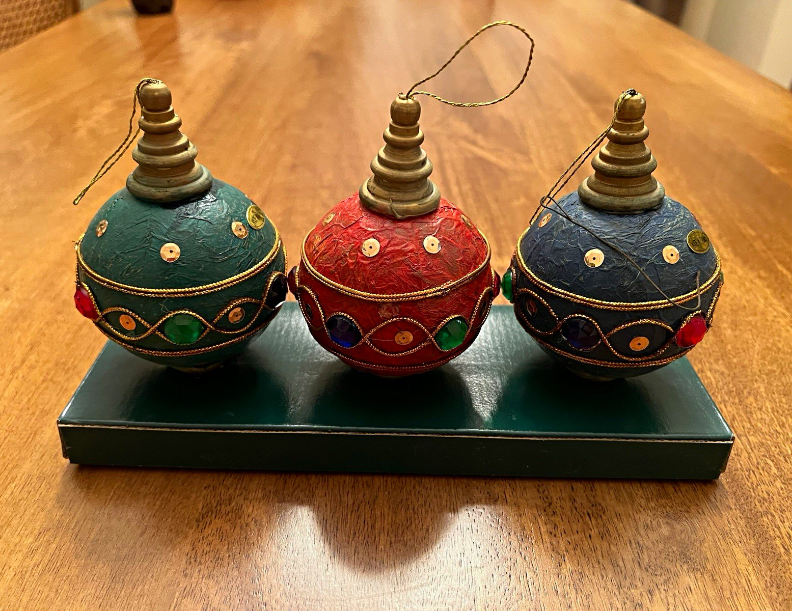 Vintage 1994 Bombay Company Jeweled Papier Mache Christmas Ornaments Set of 3 Vintage 1994 Bombay Company Jeweled Papier Mache Christmas Ornaments Set of 3