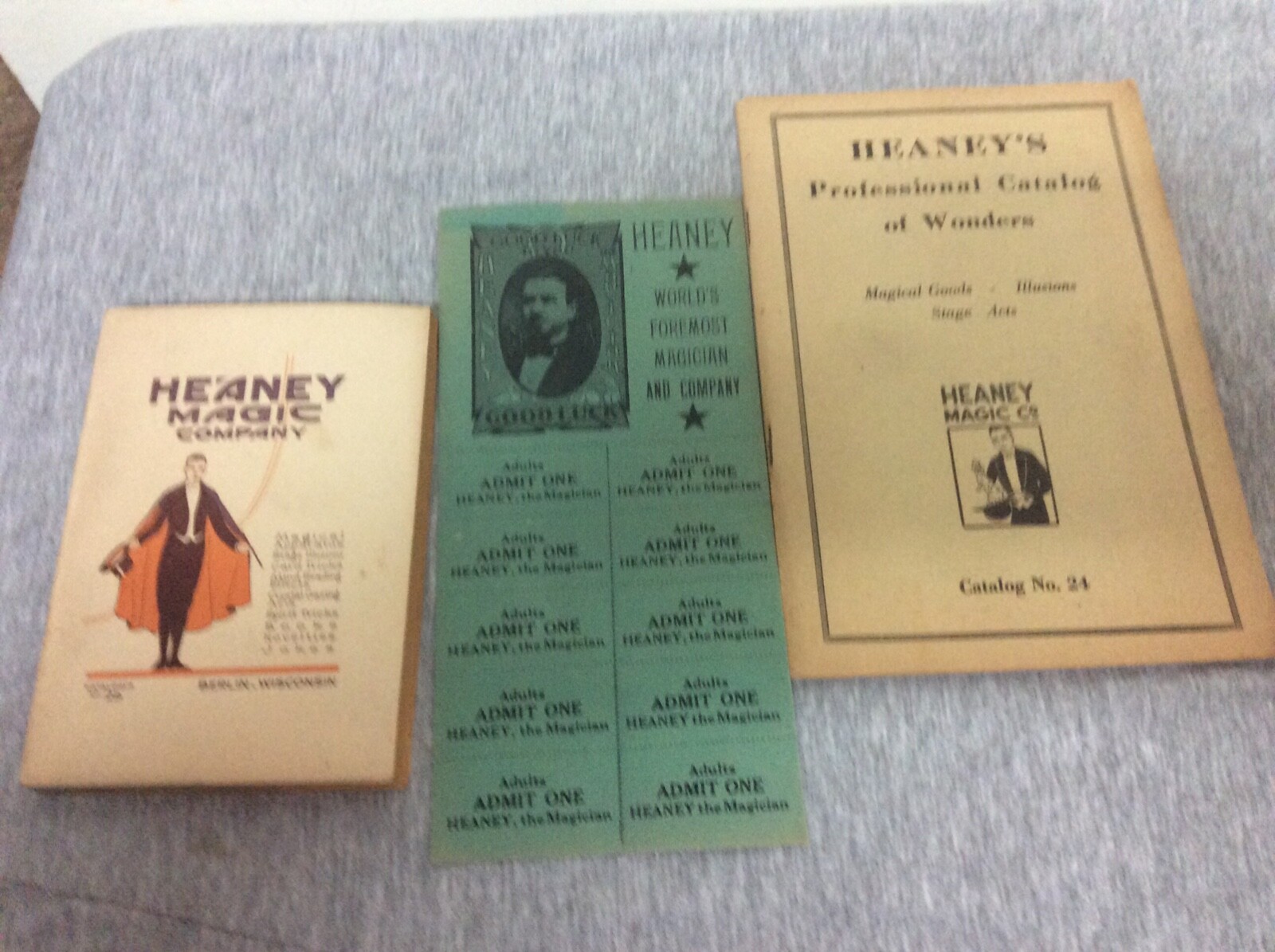Antique Heaney World’s Magician Show Ticket Card & Heaney’s Magic Catalogs