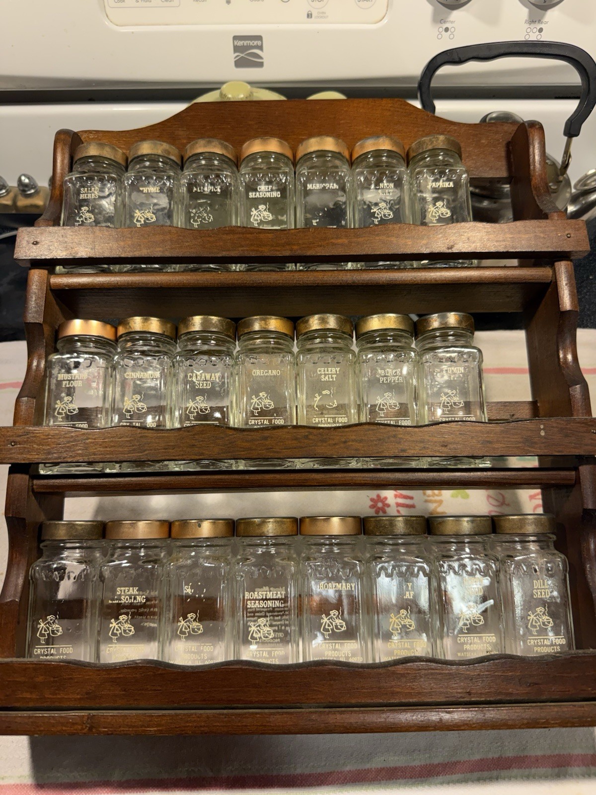 Vintage Crystal Food Products 22 Glass Jar Wood Spice Rack Watseka IL 3 Tier