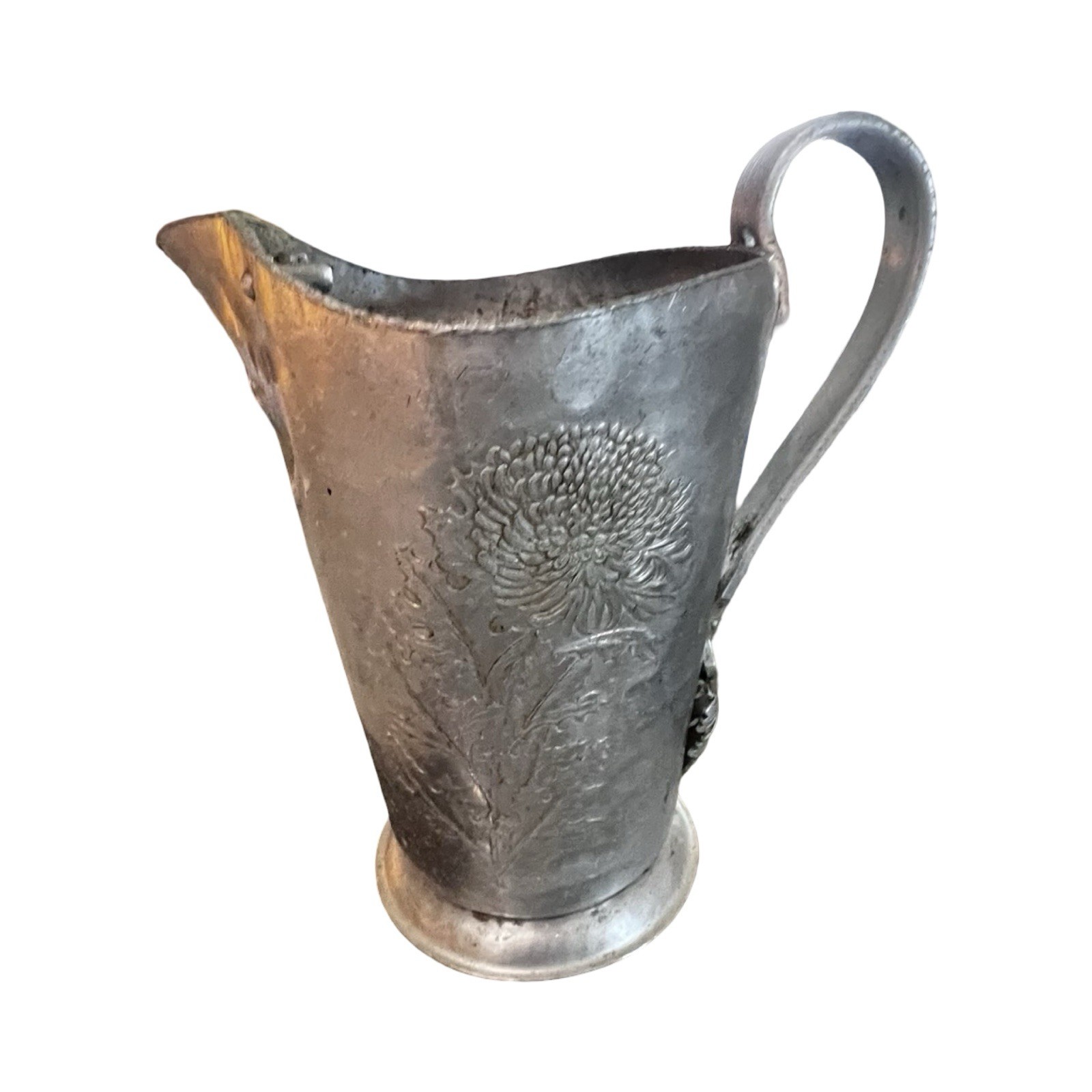 509 Vintage Hammered Aluminum Pitcher Chrysanthemum Pattern Floral Etched