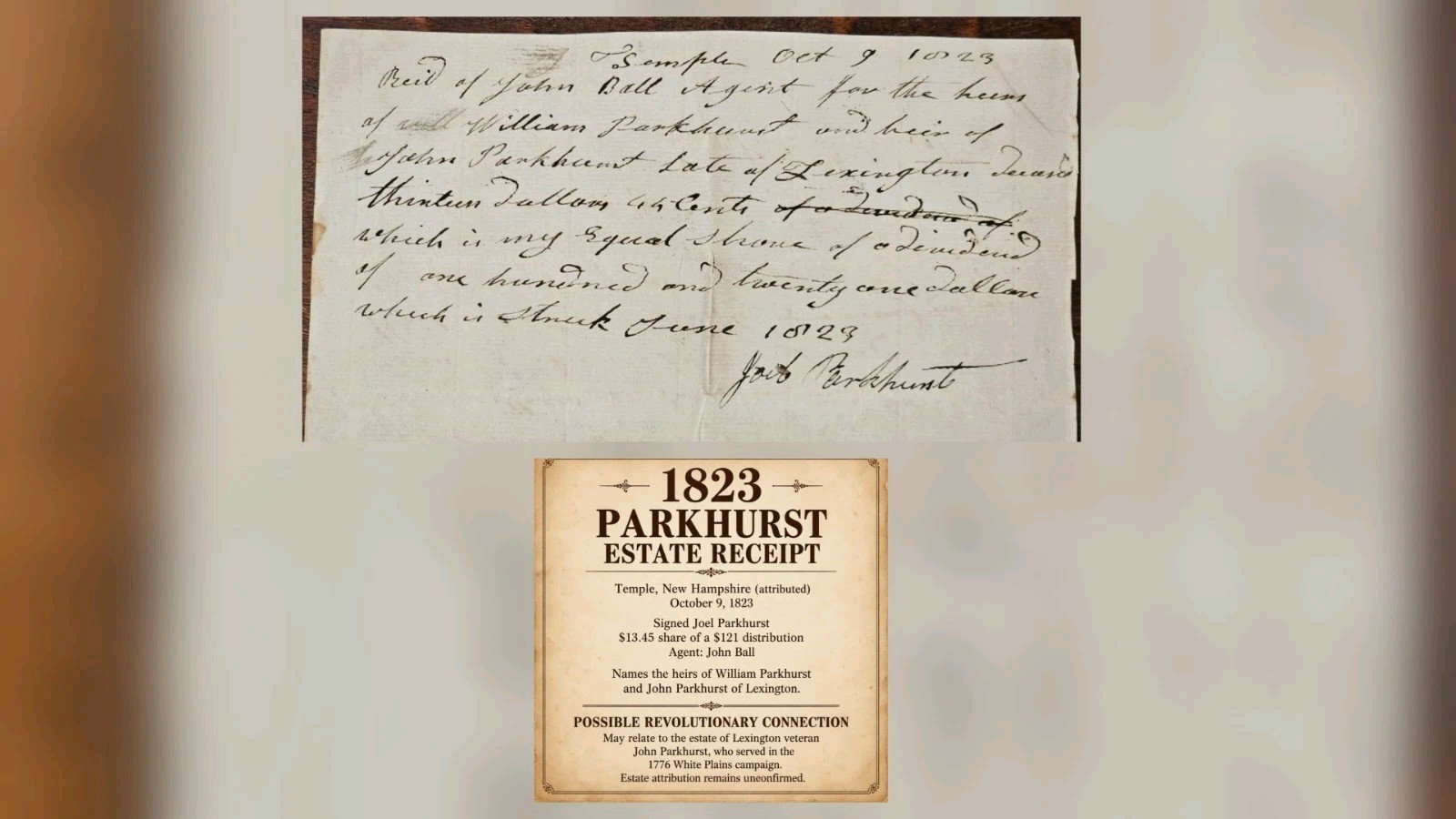 1823 Joel Parkhurst Estate Receipt Temple NH Lexington MA Antique Manuscript
