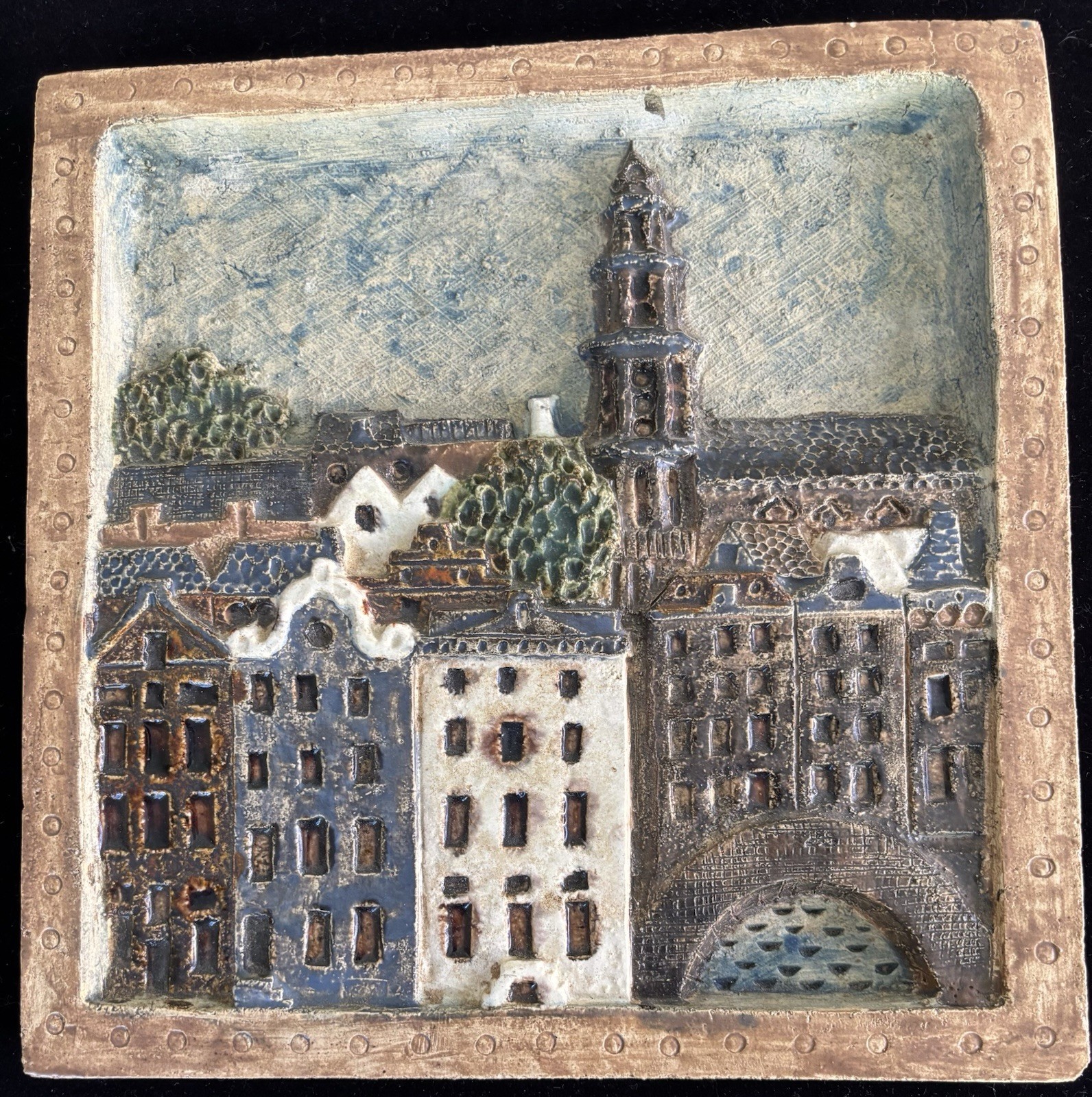 Gamla Stan (old town) high relief glaze stoneware Scandinavian  tile wall plaque