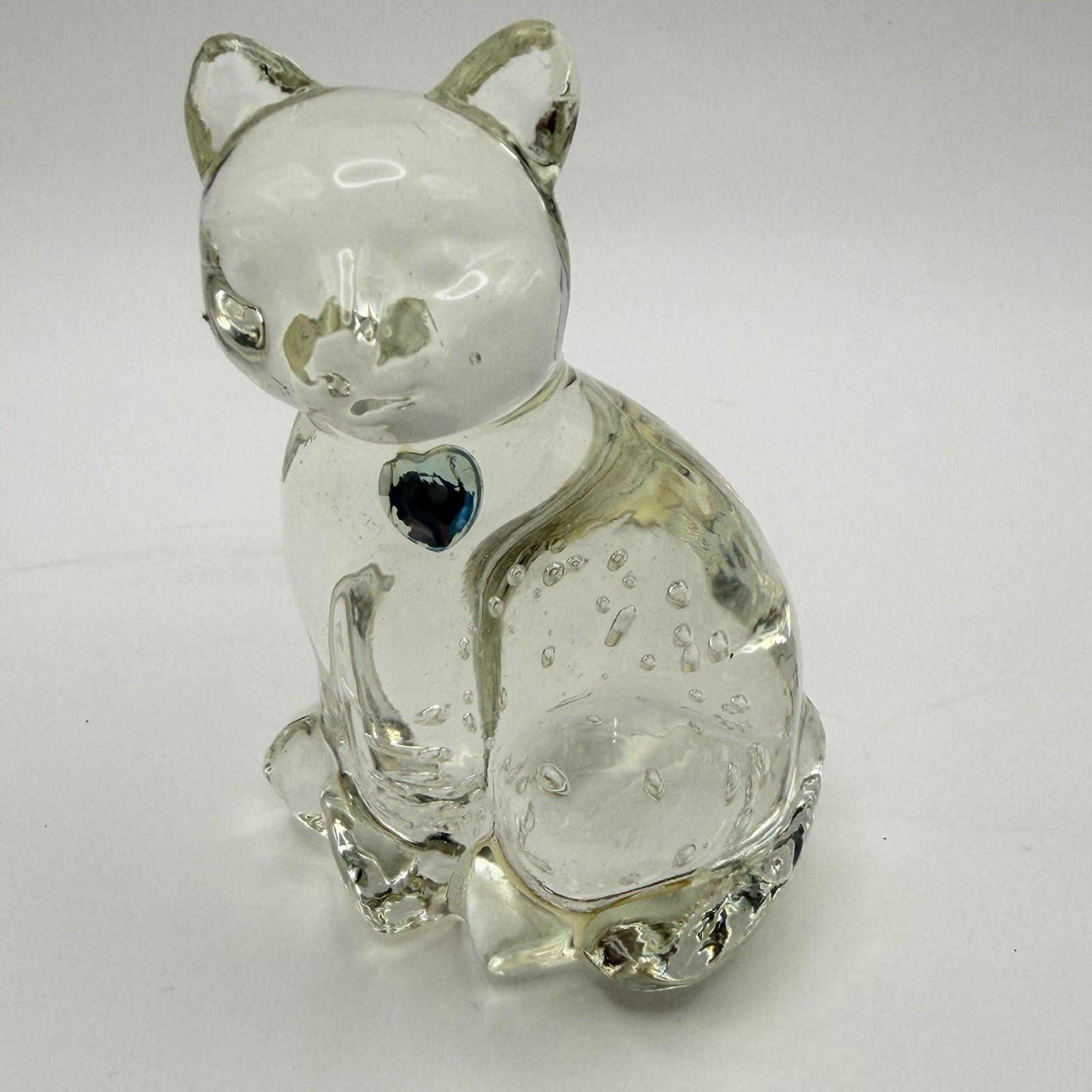 Lefton Solid Clear Art Glass Cat Figure Aquamarine Heart March Birthstone Gem