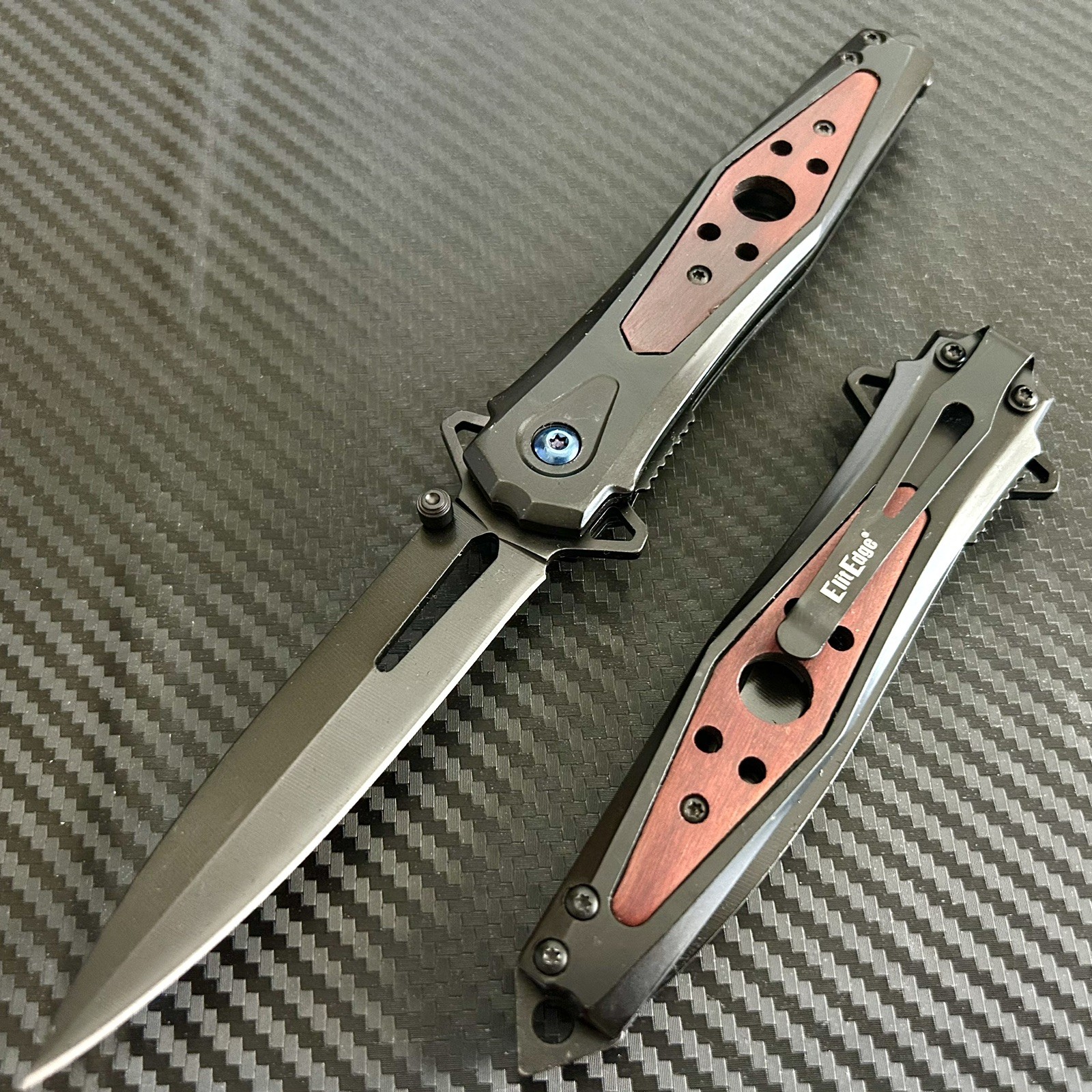 8.75” Wood Black Military Tactical EDC Spring Assisted Open Folding Pocket Knife
