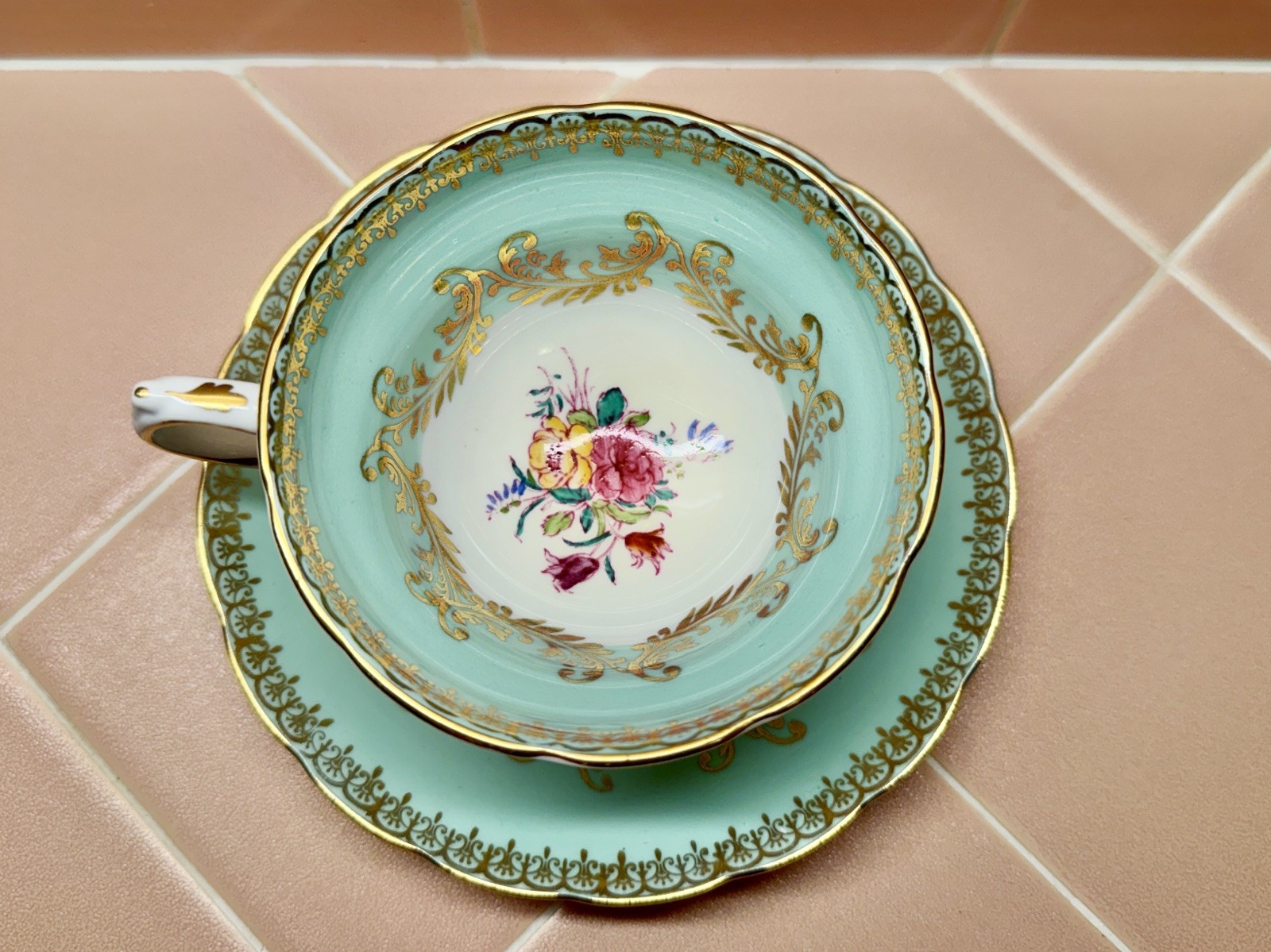 Vintage c. 1930s Grosvenor China England Turquoise Gold Floral Teacup & Saucer Vintage c. 1930s Grosvenor China England Turquoise Gold Floral Teacup & Saucer