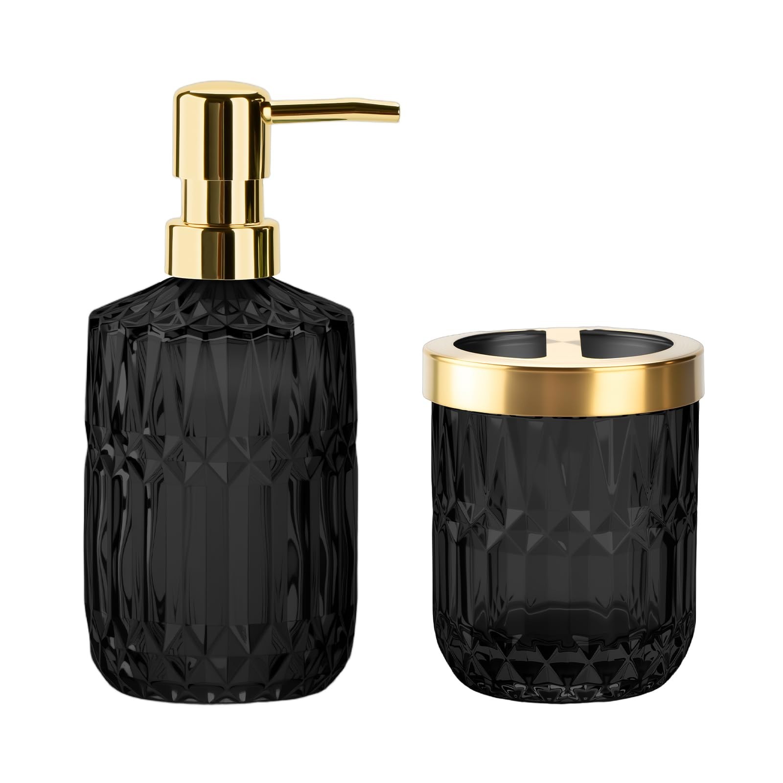 RRM Glass Bathroom Toothbrush Holder and Soap Dispenser Set,Black Gold Black