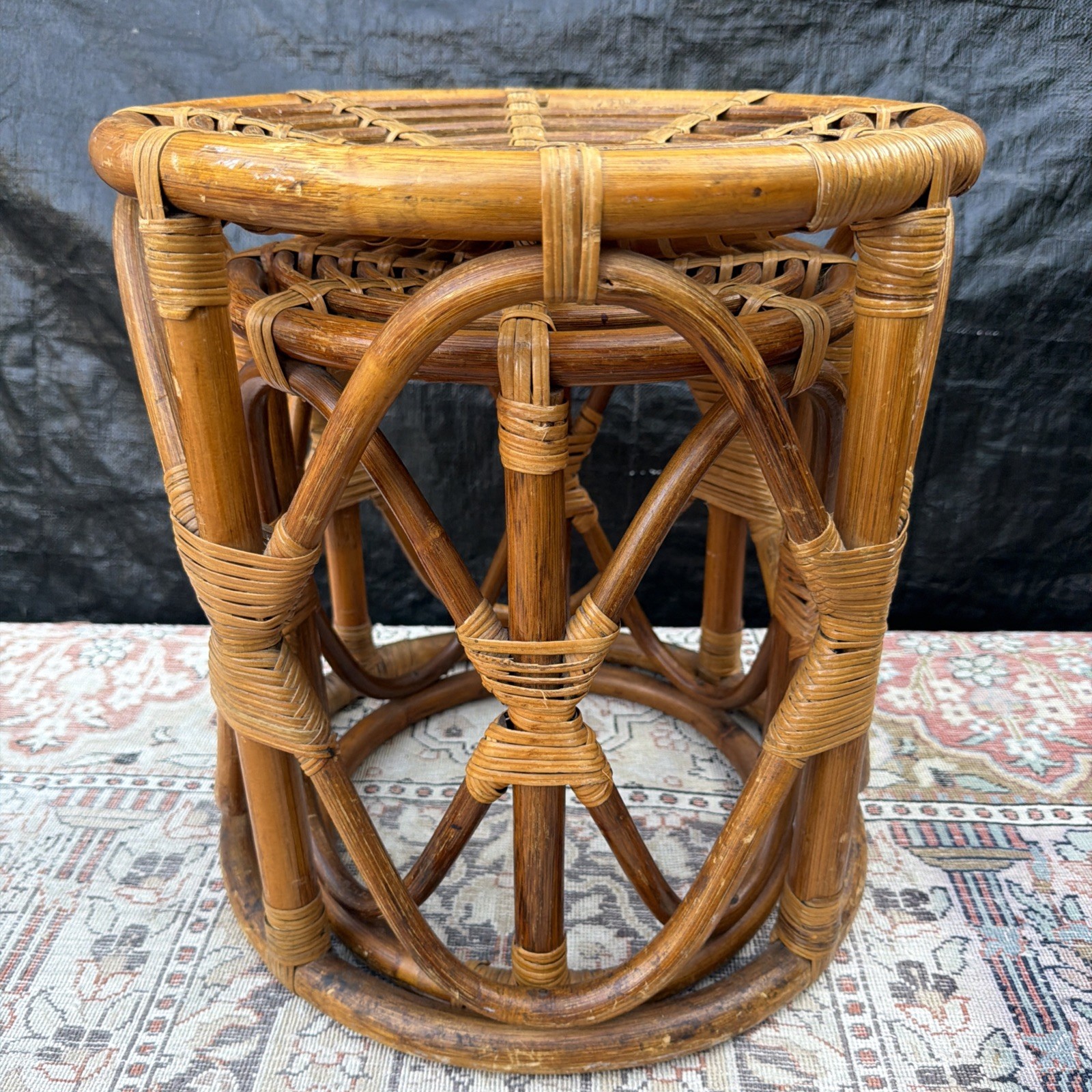 Vintage Bamboo Rattan Round Drink/Side Table Or Stool PAIR 13”x12”/16”x15” MCM