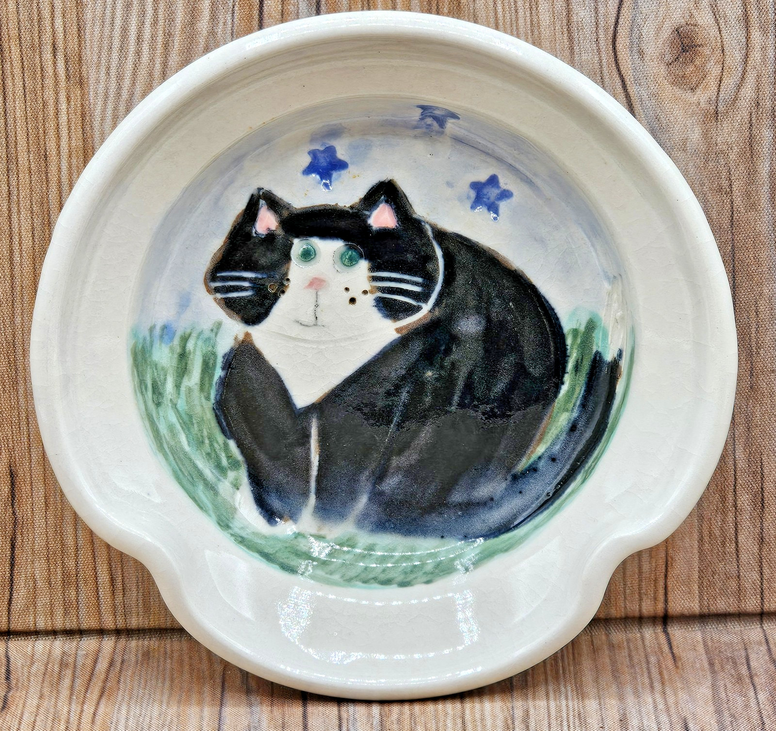 Art Pottery Painted Black Fat Cat Kitty Kitten Spoon Rest Signed Vintage Unique