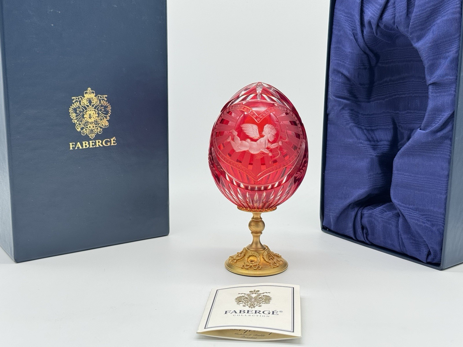 FABERGE LIMITED EDITION ESSEX RED CRYSTAL / GOLD CUPID EGG NEW 100% GENUINE RARE