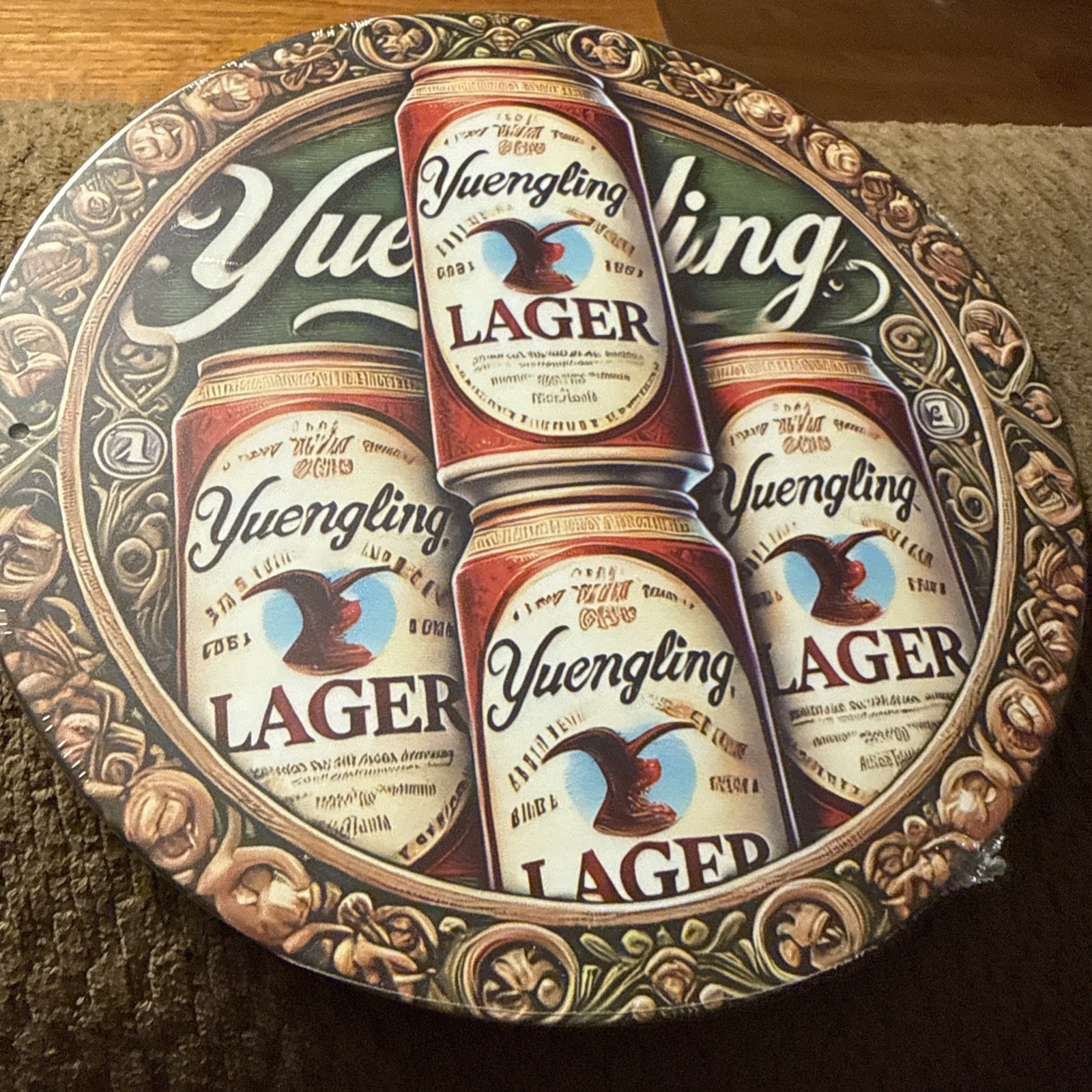 4 Cans Of Yuengling Lager On This Colorful Round  Metal Sign 8”x8”