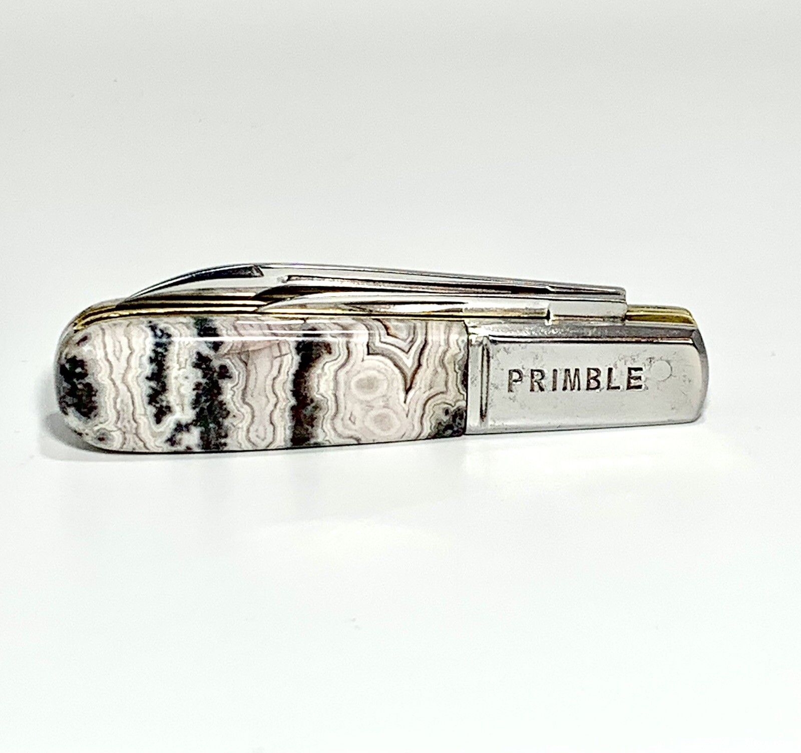 Vtg John Primble Belknap Custom Barlow Pocket Knife w/ Crazy Lace Agate Handles