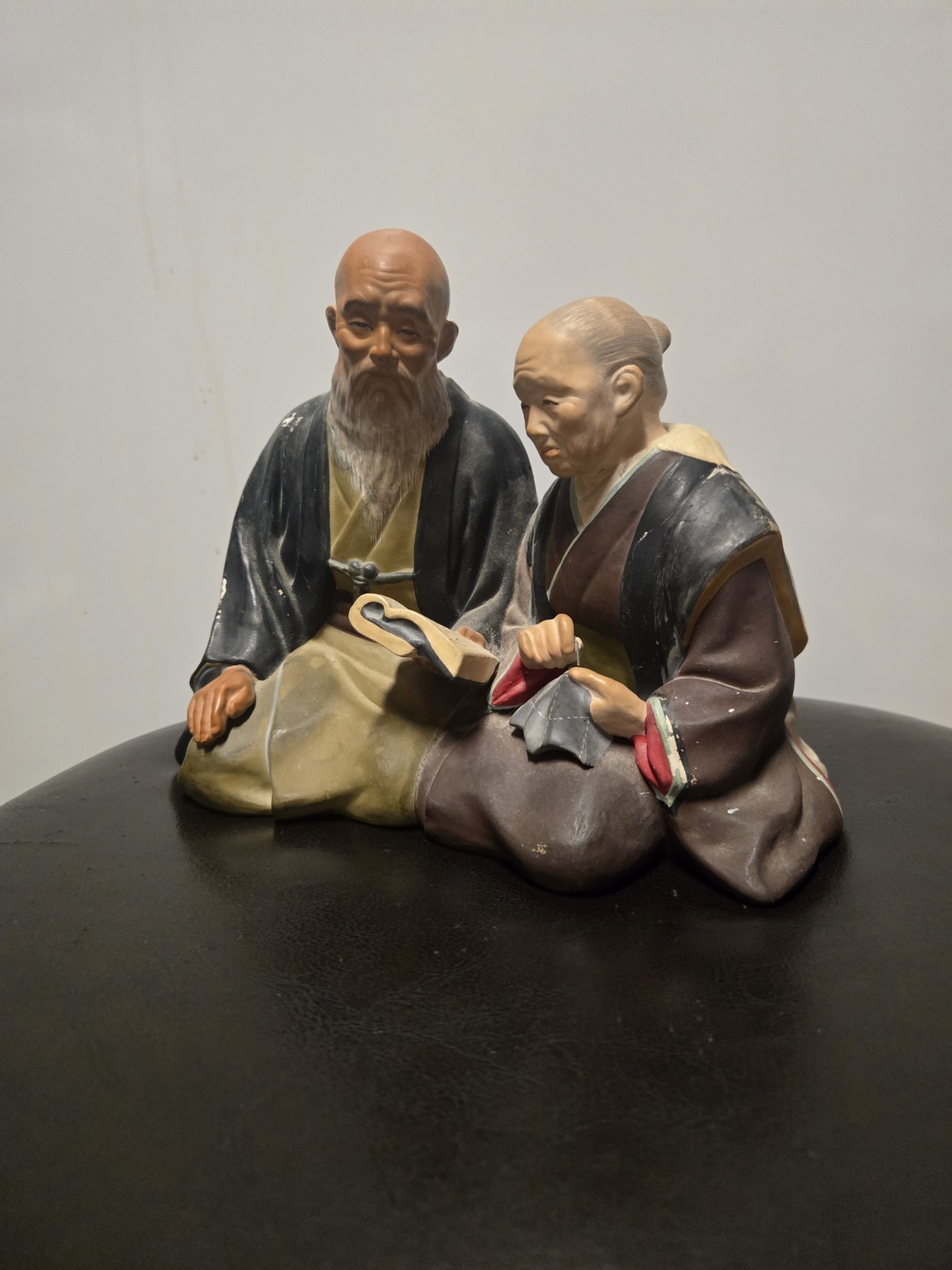 Vintage Japanese Hakata Urasaki Ceramic Famous Old Couple (Reading Book, Sewing)