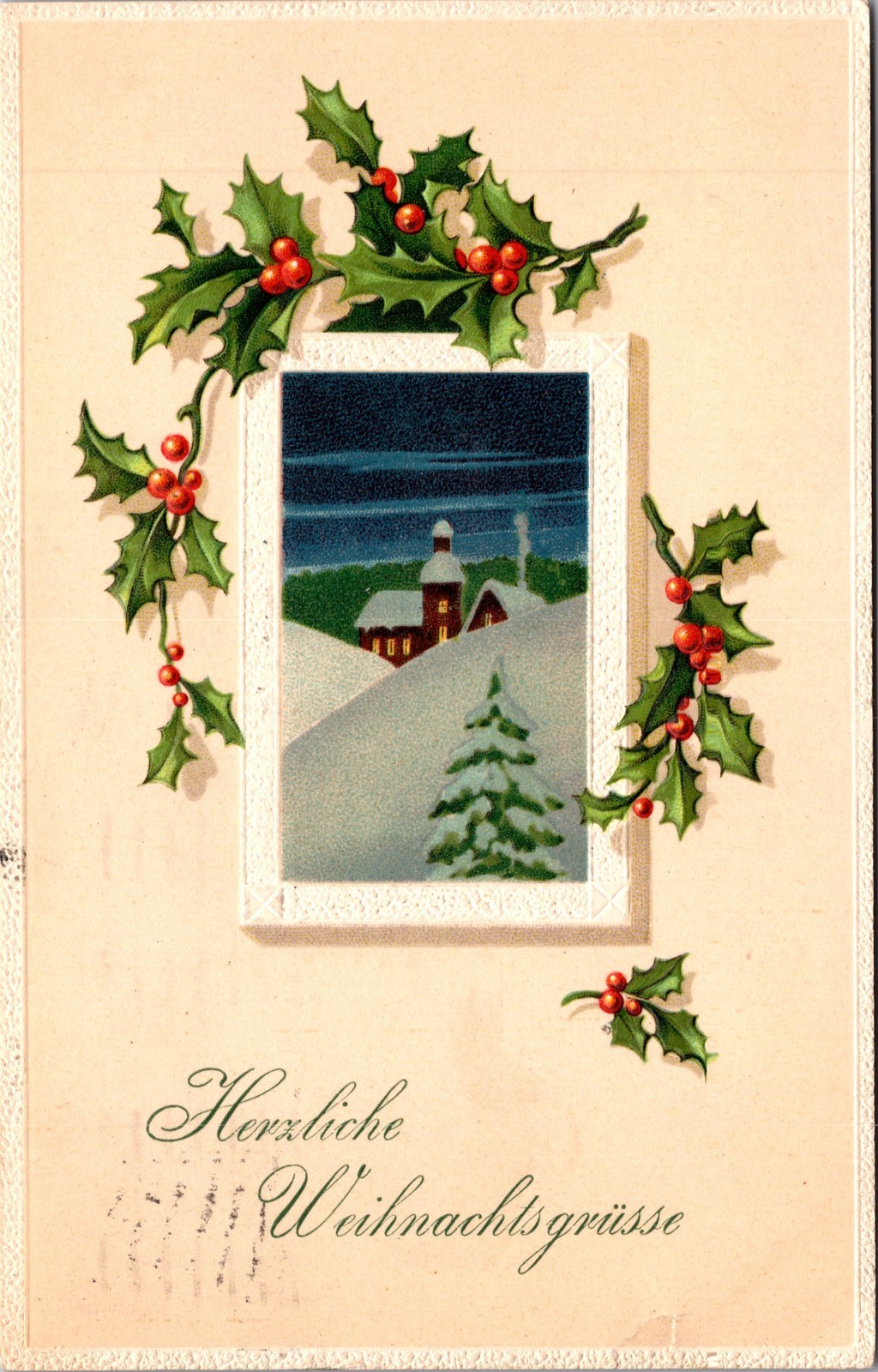 Postcard German Christmas holly around picture of house in snow 1914
