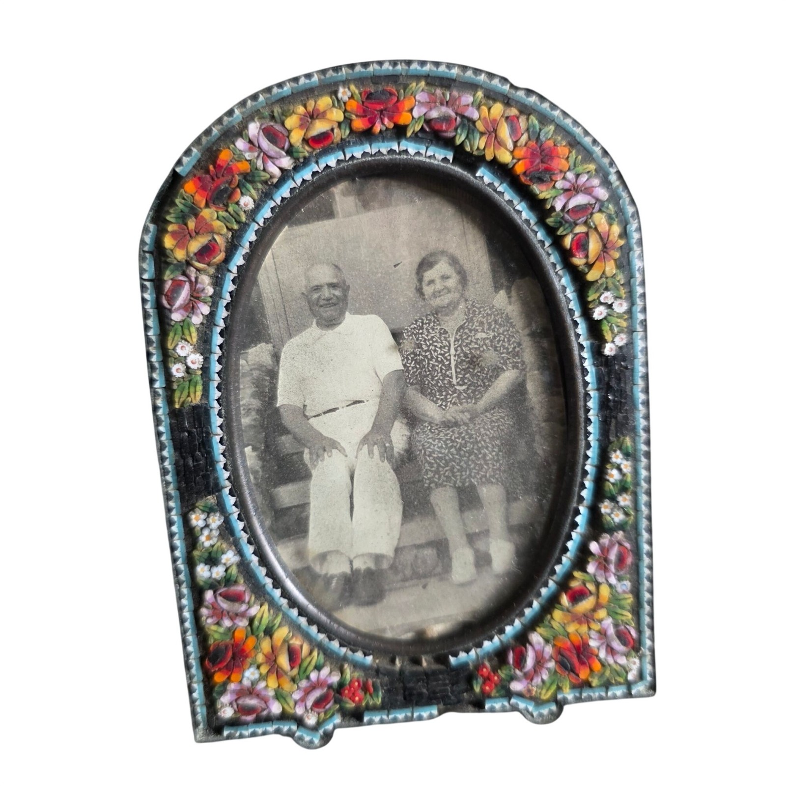 Antique Italian Micro Mosaic Picture Frame With Floral Design and Oval Shape