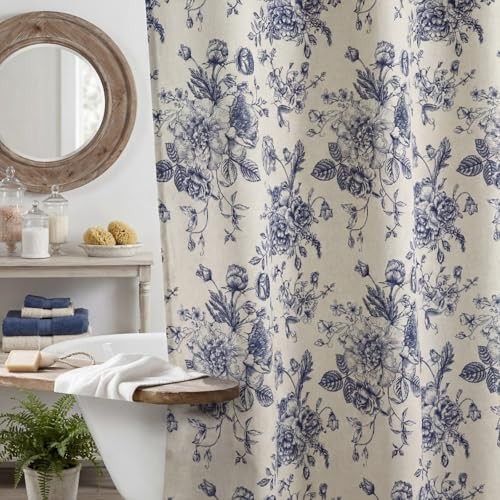  Floral Linen Shower Curtain Blue and White Vintage Linen Shower Curtain 72 x 