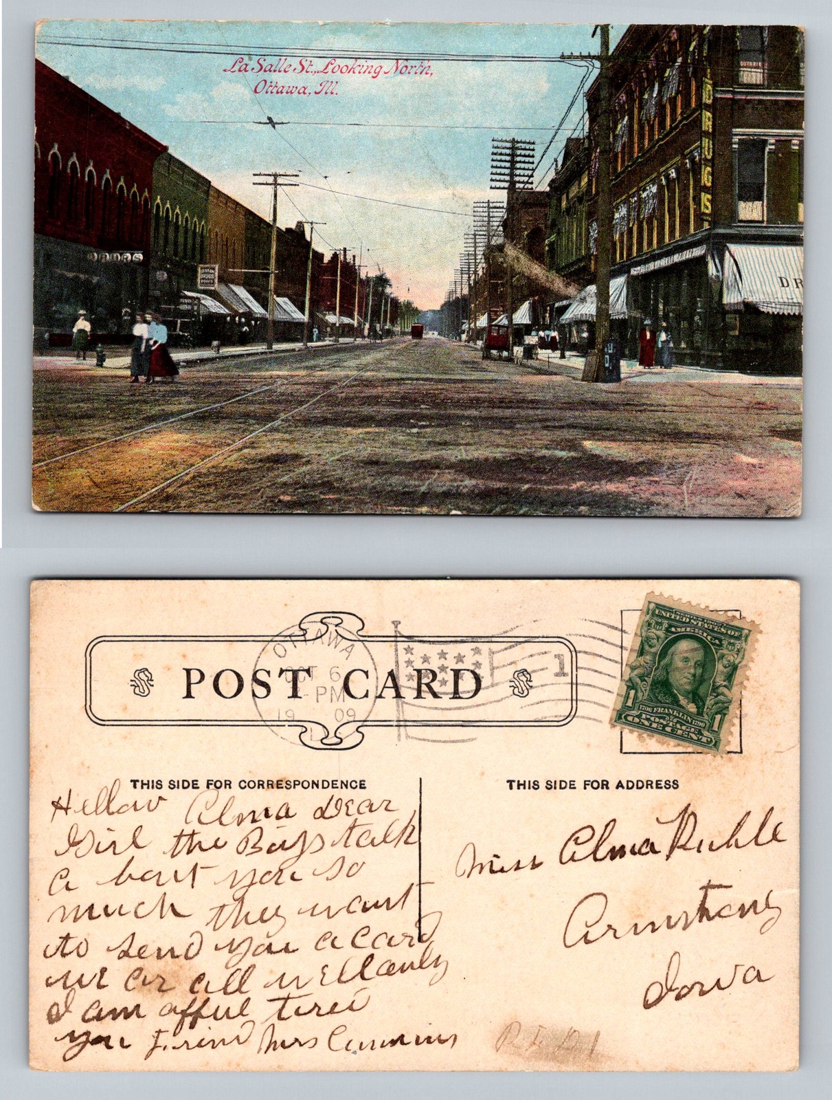 Ottawa, IL-Illinois, La Salle St Looking North Downtown, Vintage c1909 Postcard