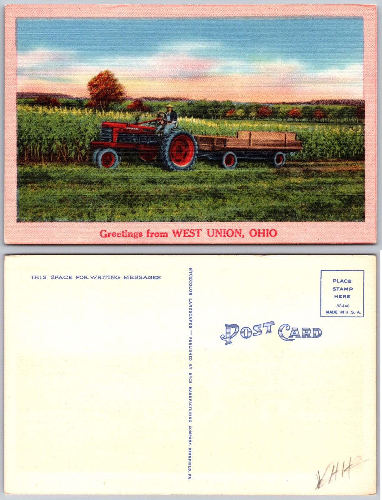 West Union Ohio Tractor Field Postcard