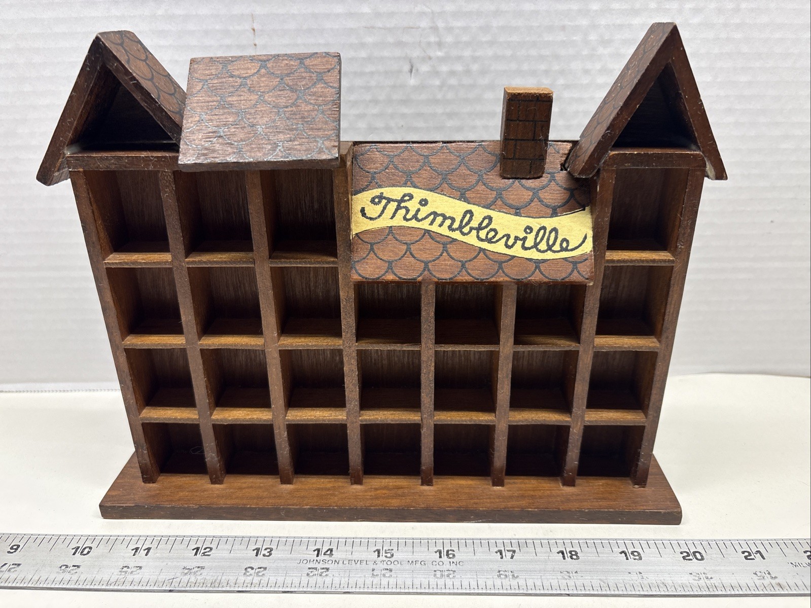 Vtg 1979 Enesco Thimbleville Miniature Shelf Wood 10” X 8”25 Slots For Thimbles