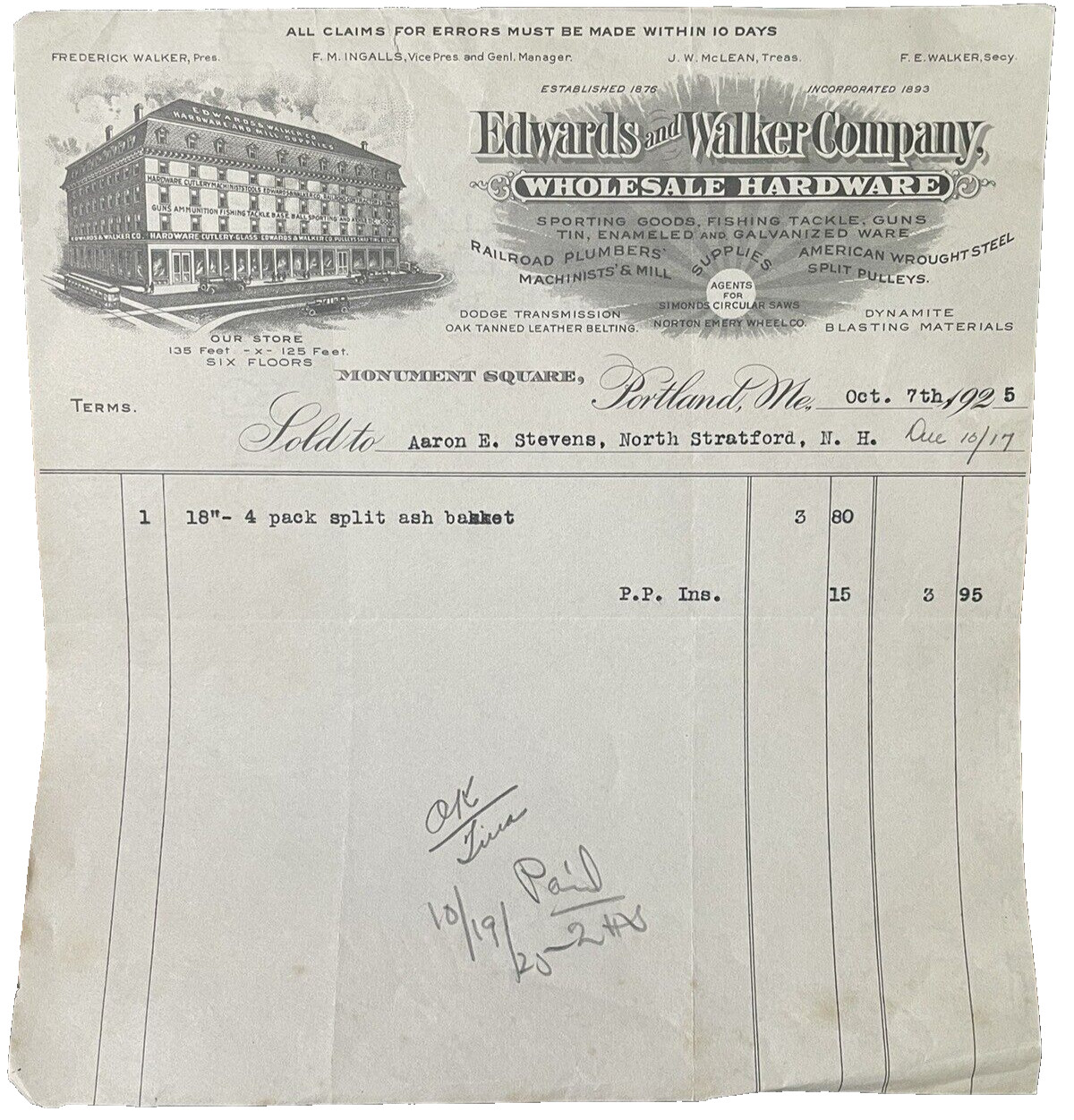 Billhead Edwards & Walker Co Hardware Portland Maine 1894-1917 Letterheads 1925