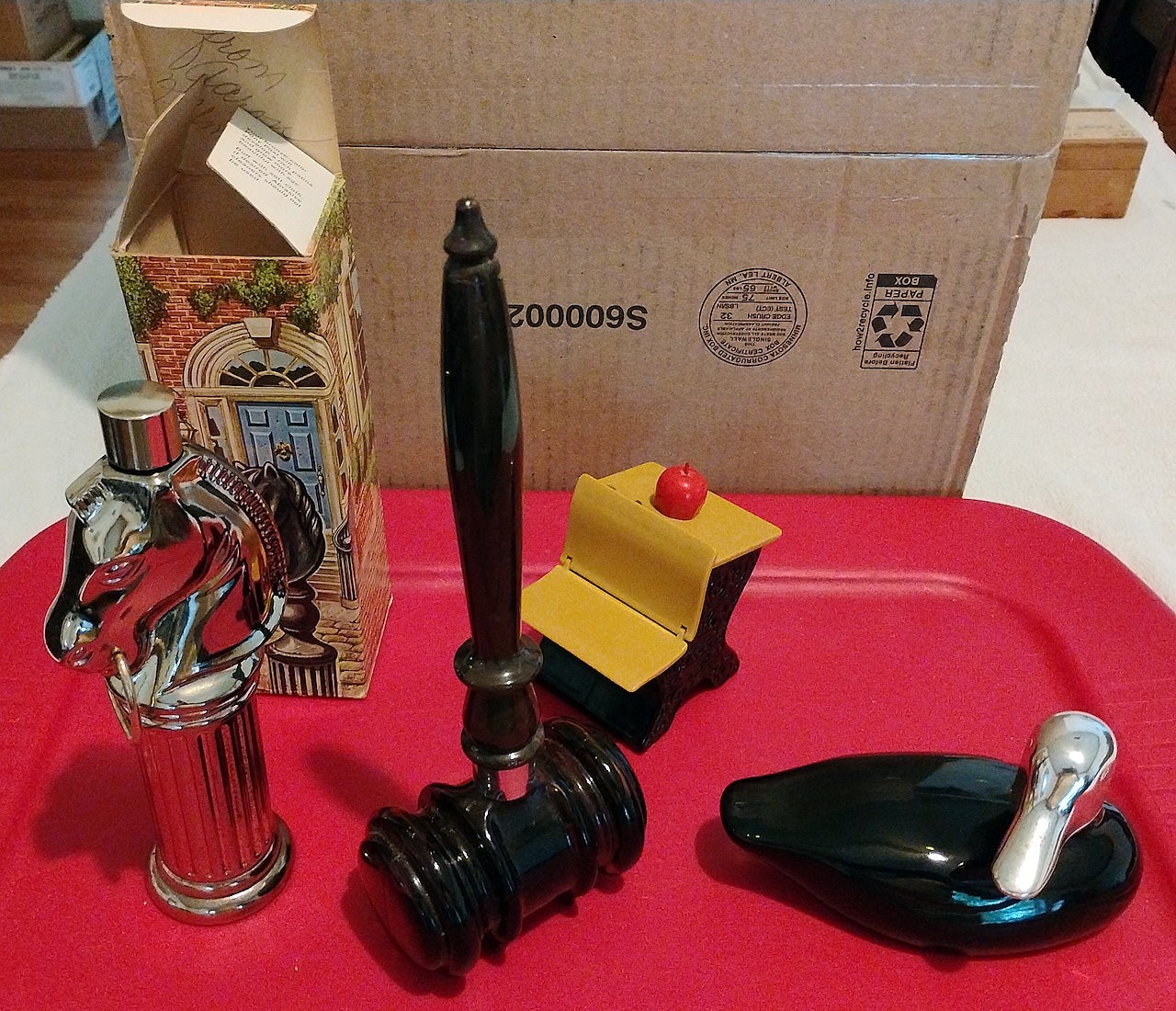 Lot of 4 Vintage AVON Cologne Decanters: Pony Post, School Desk, Gavel, & Duck Lot of 4 Vintage AVON Cologne Decanters: Pony Post, School Desk, Gavel, & Duck