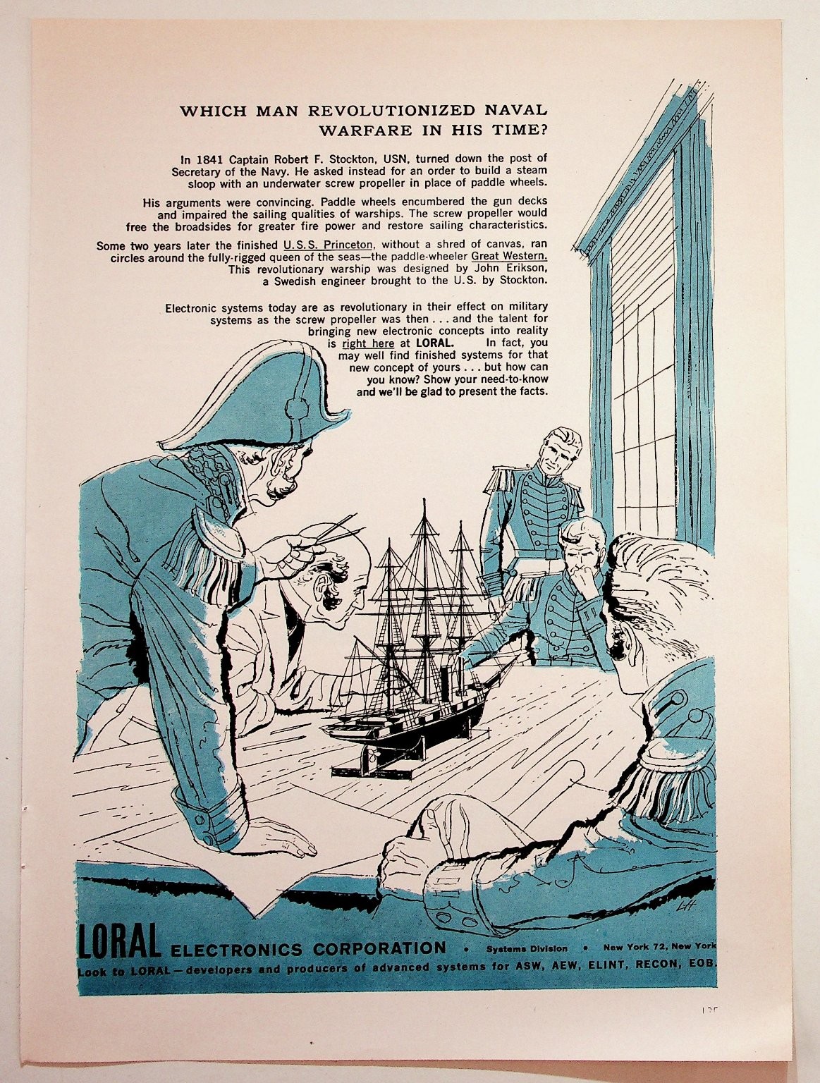 Vintage LORAL Electronics Ad Naval Warfare USS Princeton John Ericsson History
