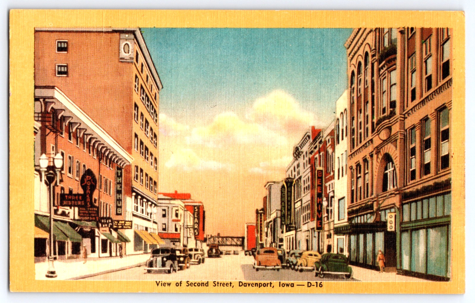 Davenport Iowa IA Second Street View City Buildings Cars Signs Vintage Postcard