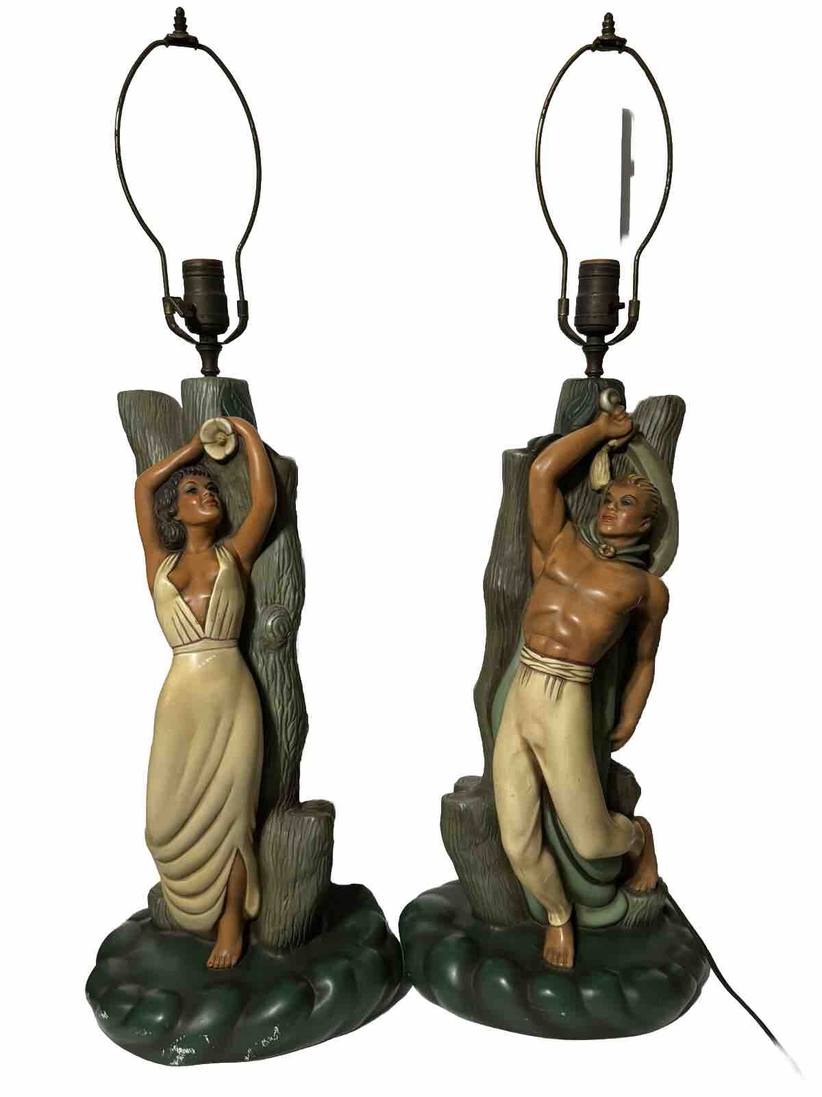 Rare Pair 1940’s/50’s Plastart Mid Century Figural Hawaiin Male Female Lamps