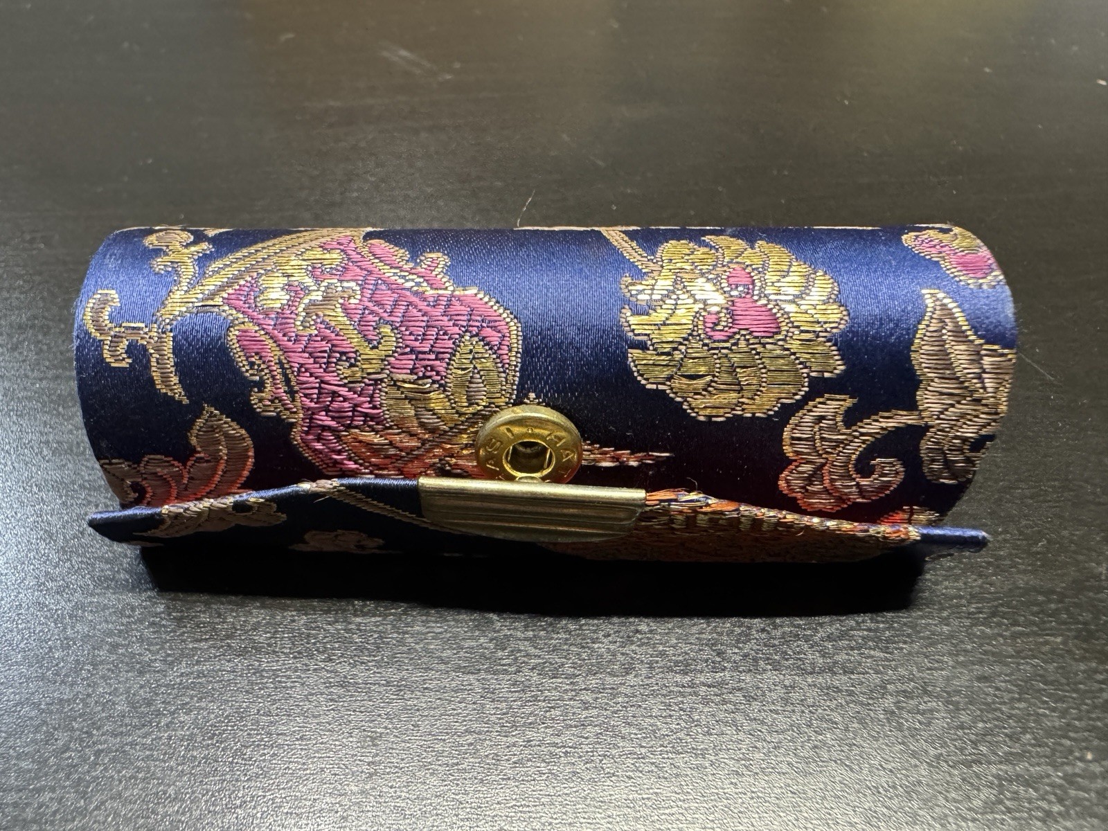 Vintage Hasi Hato Lipstick Case Mirror Blue Gold Brocade Red Satin Japan
