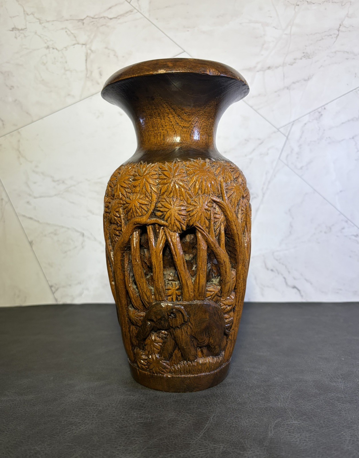Vintage Hand Carved Wood Elephant Vase 10” Thai Jungle Scene 3D Openwork Vintage Hand Carved Wood Elephant Vase 10” Thai Jungle Scene 3D Openwork