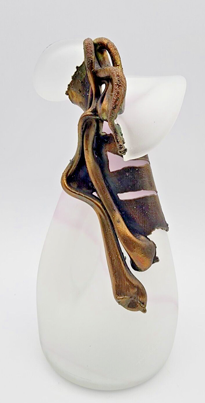Filip Ravert Vase Satin White w/ Pink Art Glass with Bronze Copper Overlay READ Filip Ravert Vase Satin White w/ Pink Art Glass with Bronze Copper Overlay READ