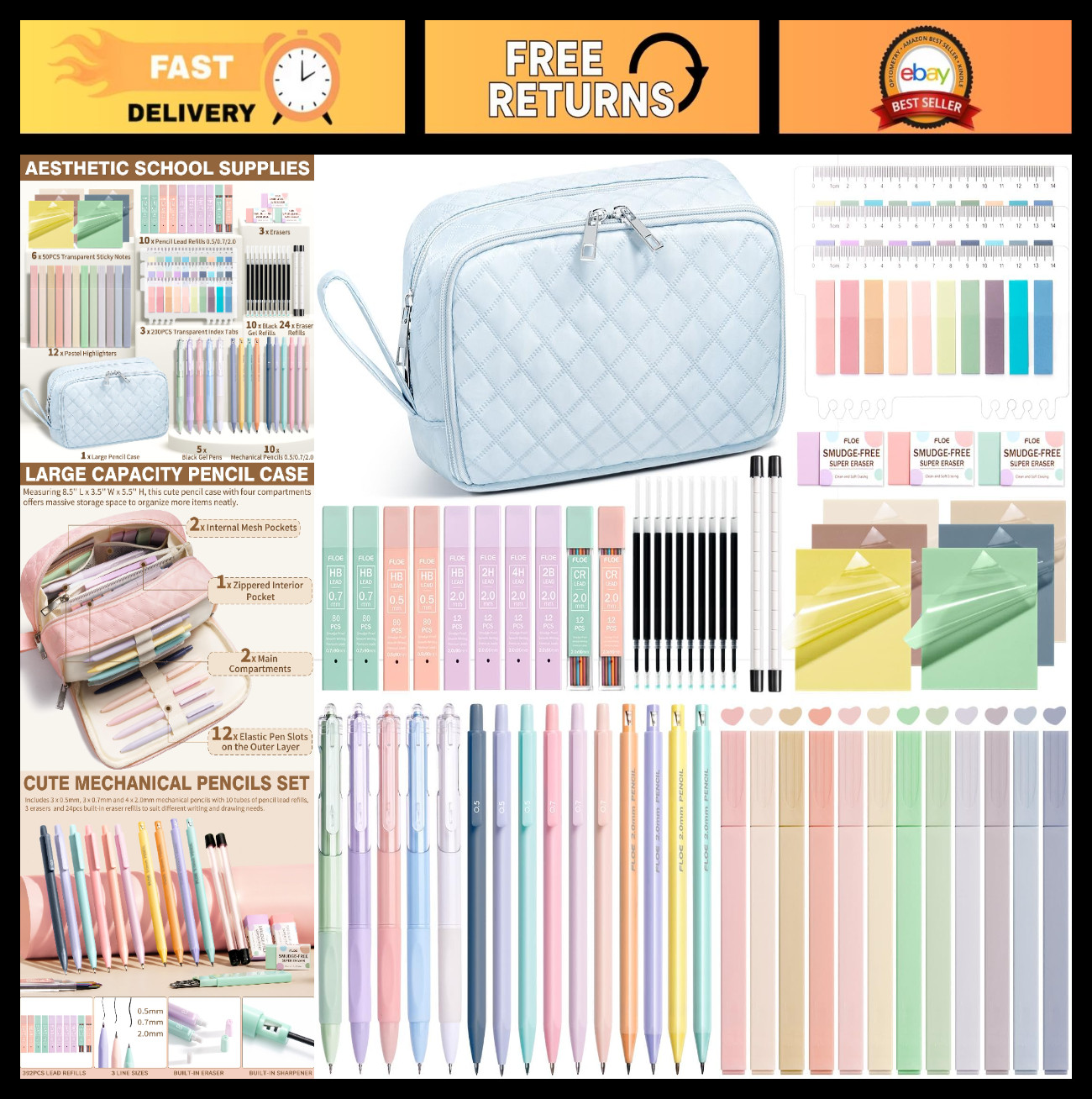 62PCS Aesthetic School Supplies Set | Cute Pencil Case, Pastel Highlighters, Gel