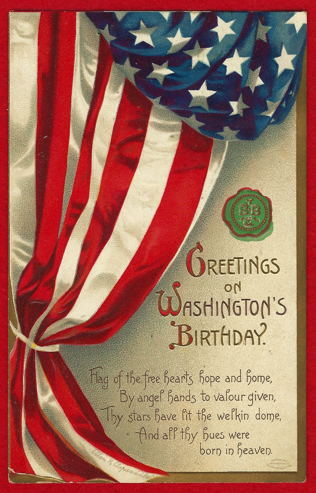 Vtg Clapsaddle Washington Flag Buckeye Green Seal  Beer Ad PC A/S Emb 1910 EUC