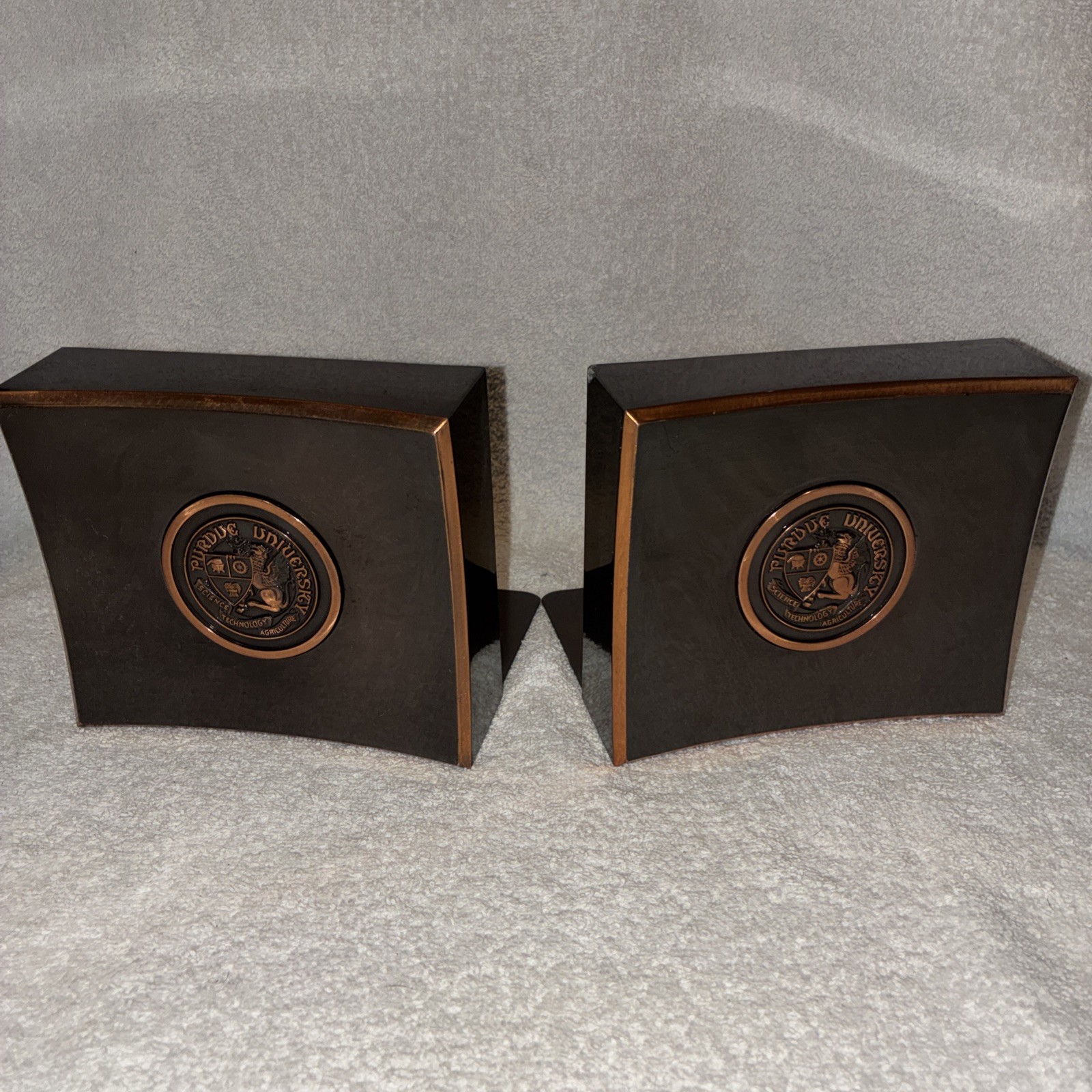 Vintage Purdue University Metal Bookends MCM Mid Century Bronze Copper Seal