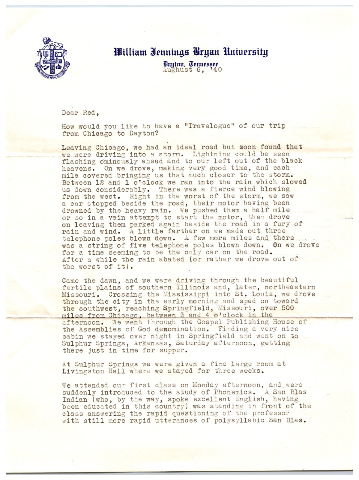 Vintage Original August 1940 William Jennings Bryan University Letter (3 Pages)