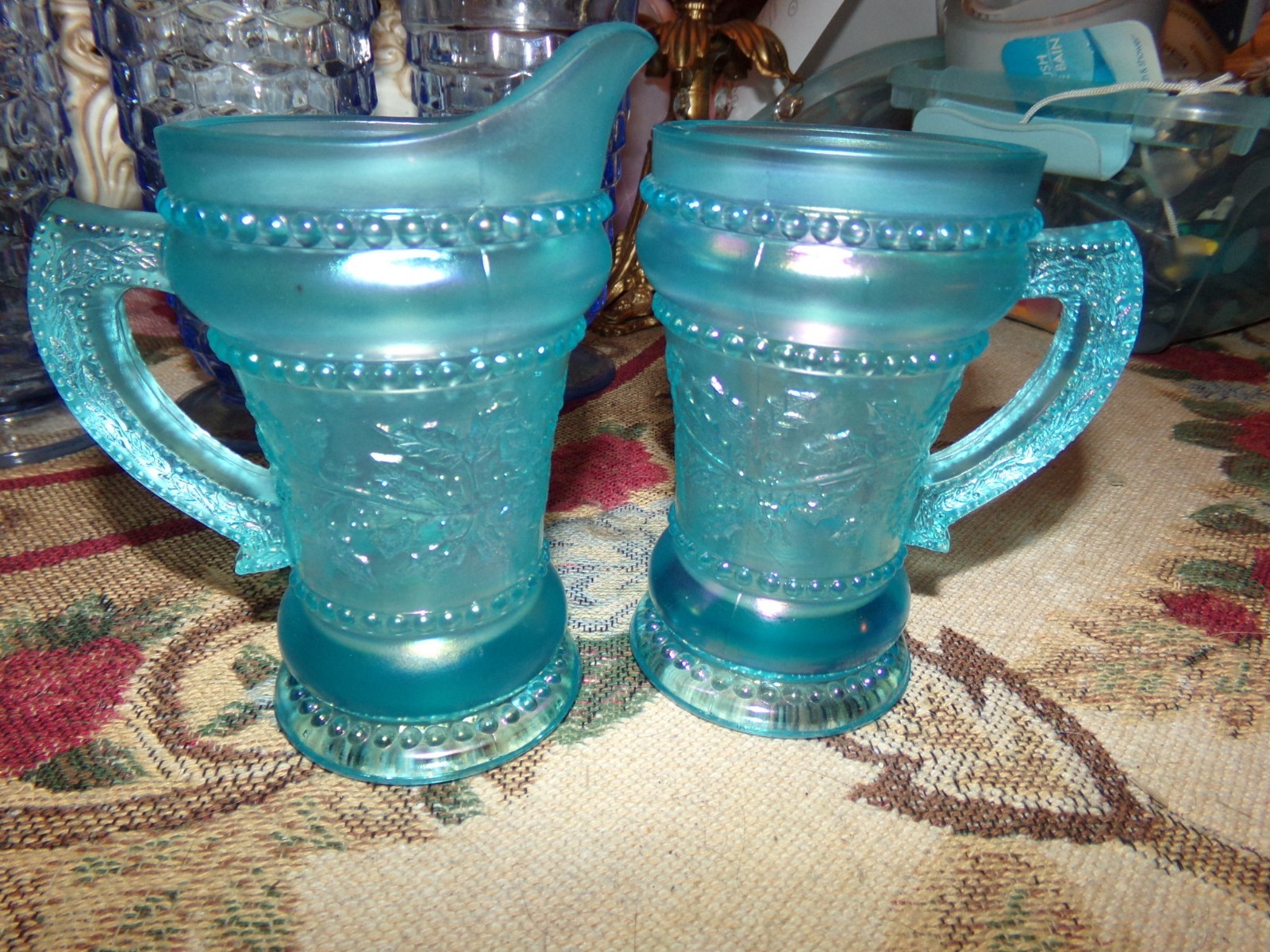 Joe St. ClaiR BLUE Carnival Holly Band Creamer And Sugar Vintage