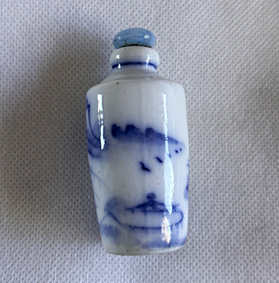 Vintage Chinese Blue & White Porcelain Bottle Landscape Cork Stopper Spoon 2.5in