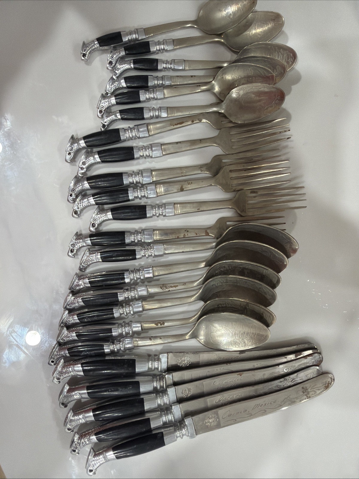 23 Pc Vintage Oaxaca Mexico Made InAlpaca Flatware Set - Eagle Head Motif As Is.