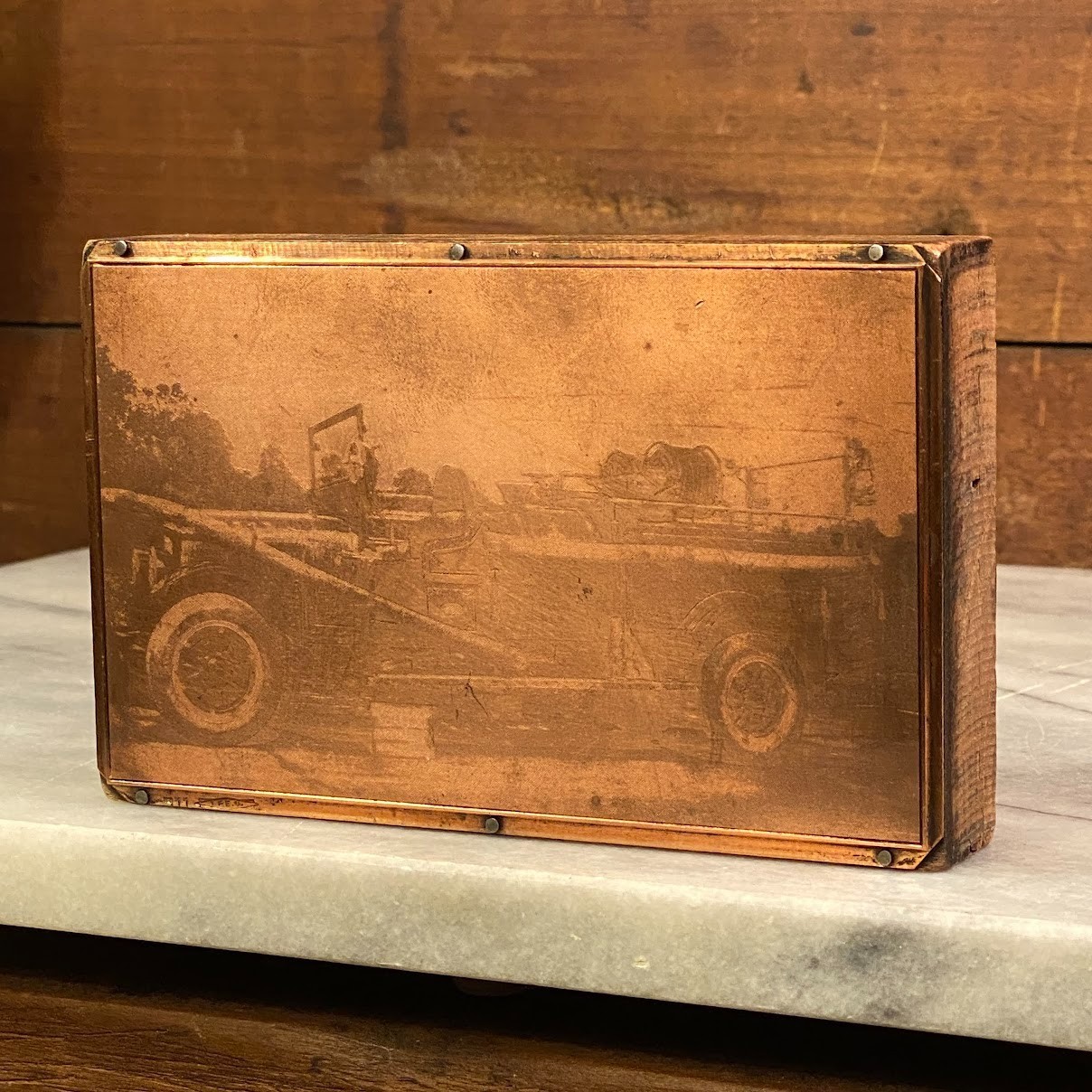 Antique Auto Car Firetruck Copper on Wood Printing Block Plate