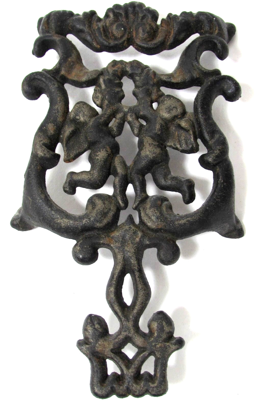Vintage J H Wilton Black Cast Iron Footed Trivet Cherub Angel Filigree Design