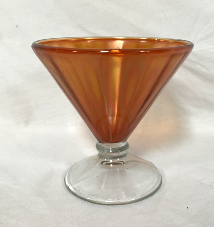 Marigold Carnival Glass Pedestal Compote Dish Orange Iridescent 5” Tall