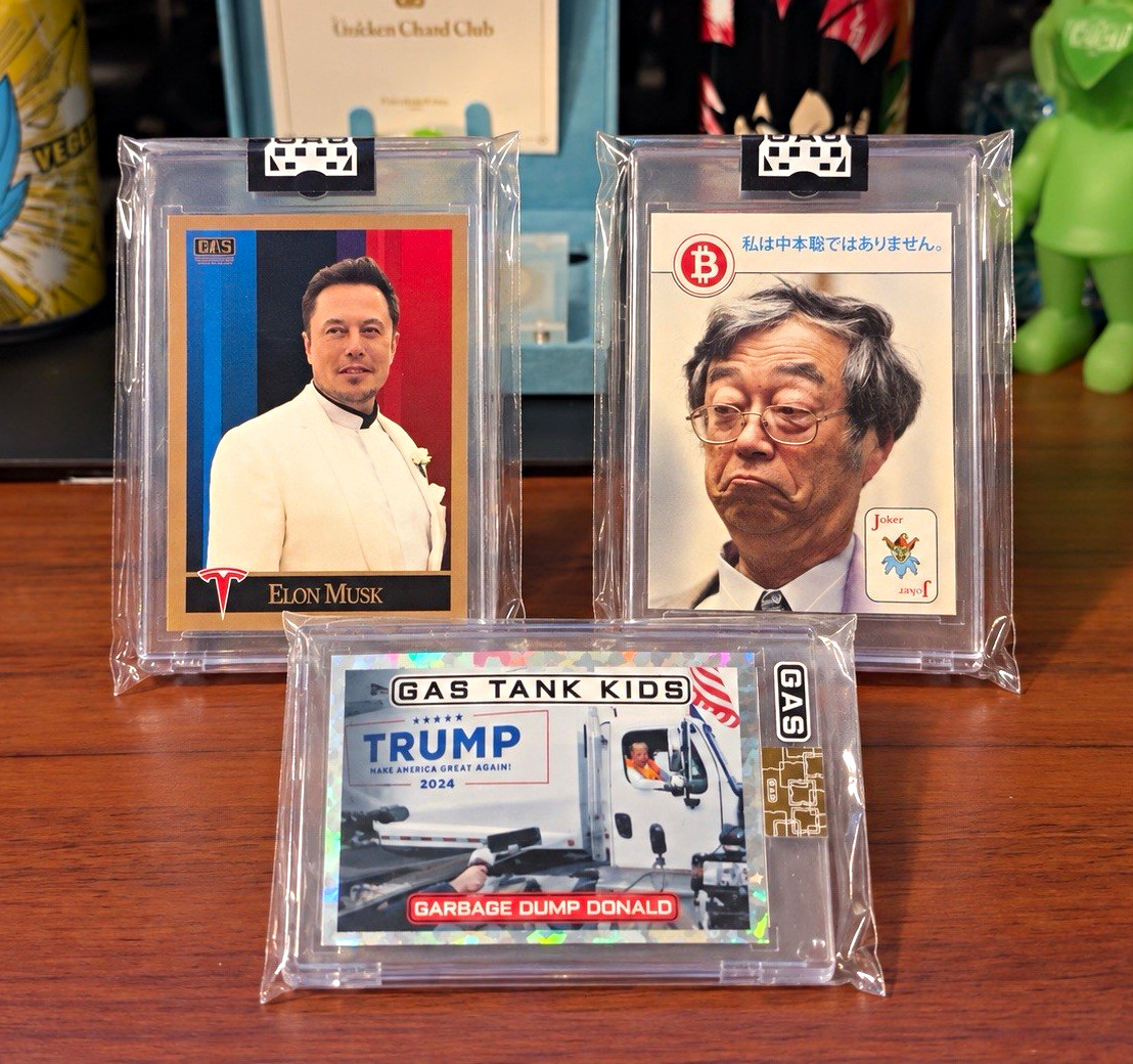GAS Trading Cards Lot of 3 Elon Musk Satoshi Nakamoto Trump 048/100 Sealed